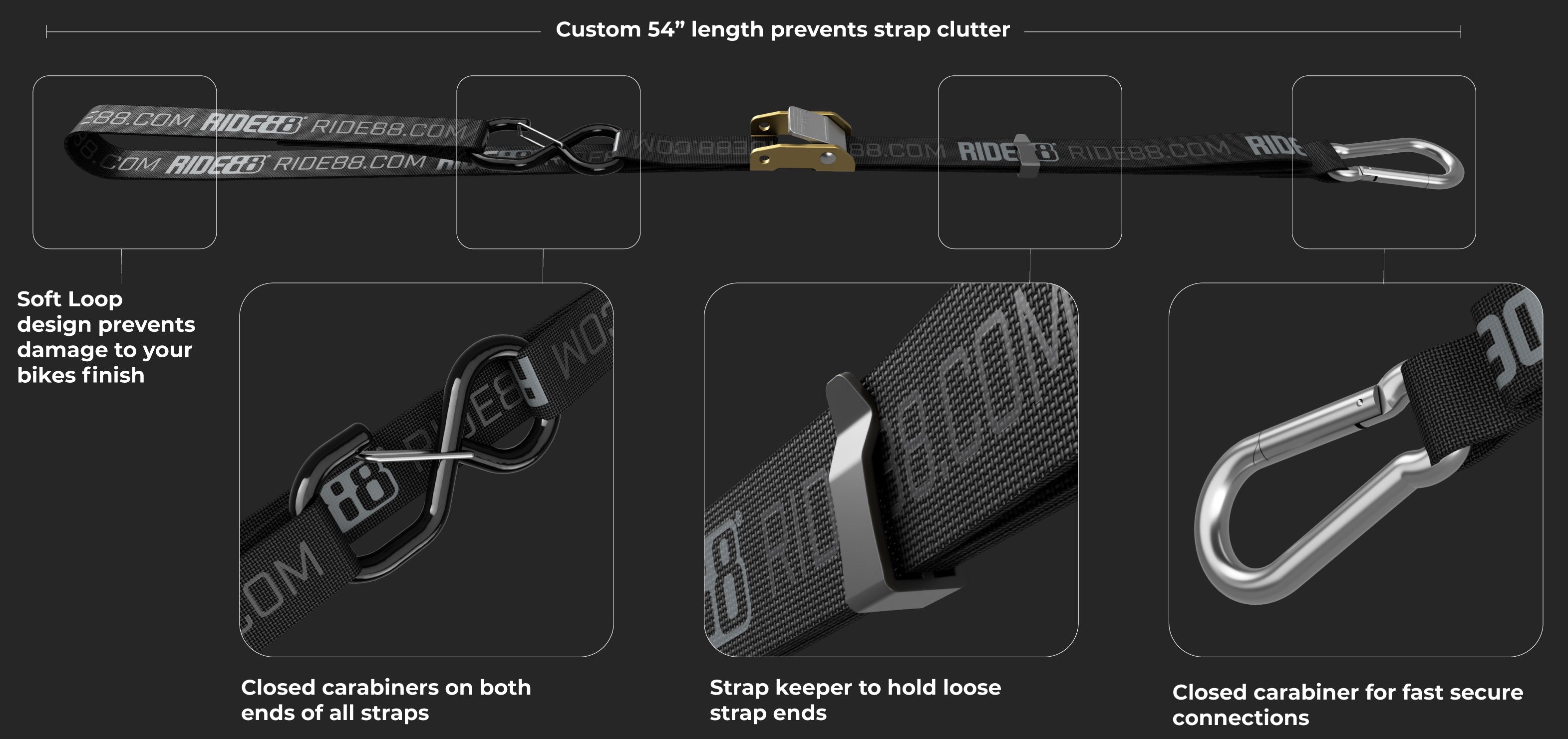 RIDE88 54-inch tie down straps with soft loop design, closed carabiners, and strap keeper for secure bicycle transport.