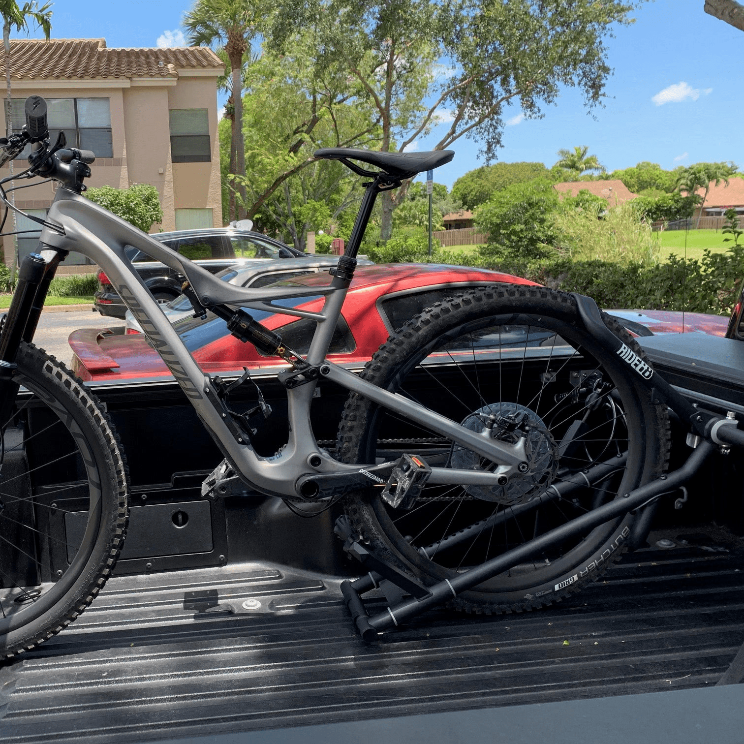 Bike mounted in the bed of a truck using the QR3 Bike Rack for Toyota Tundra.