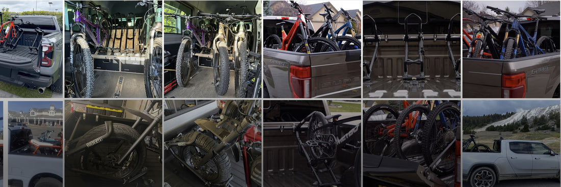 Collage showing bikes installed in trucks and vans with the QR3 bike rack. 