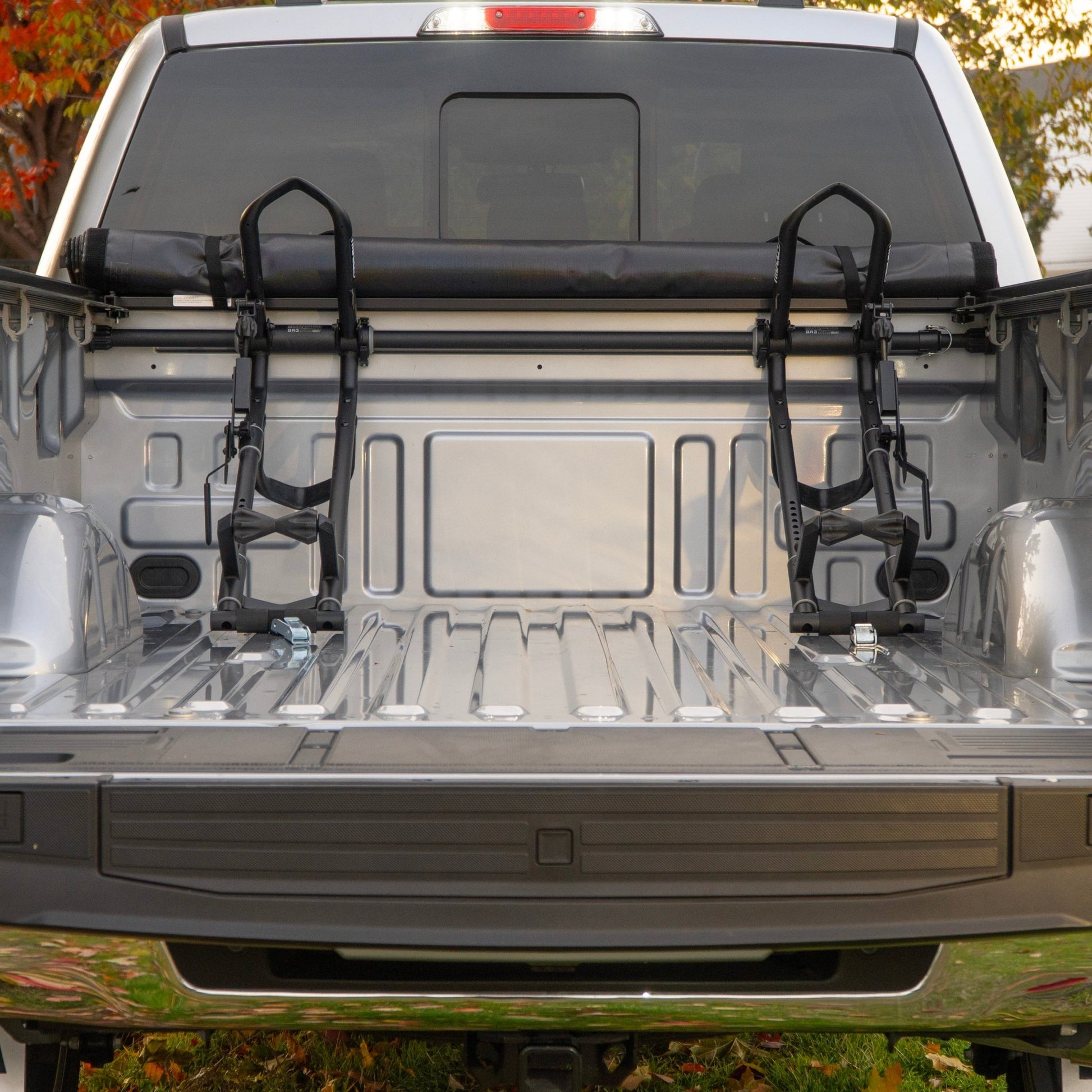 Bike racks mounted in truck bed using RIDE88 QR3 Bike Rack for Ford F150, F250, F350, and F450.