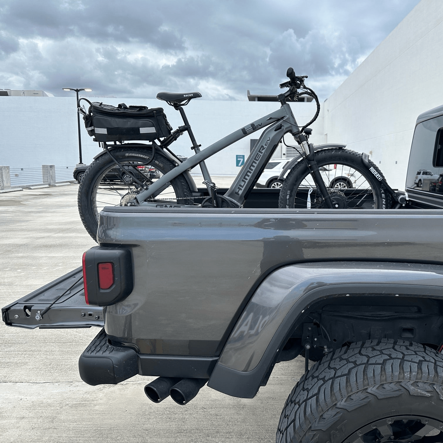 Bike in the bed of a truck using the QR3 bike rack for Jeep Gladiator.