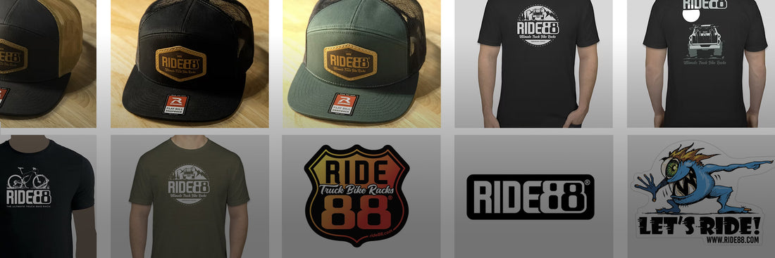 Collage of RIDE88 merchandise including hats, t-shirts, and stickers. 