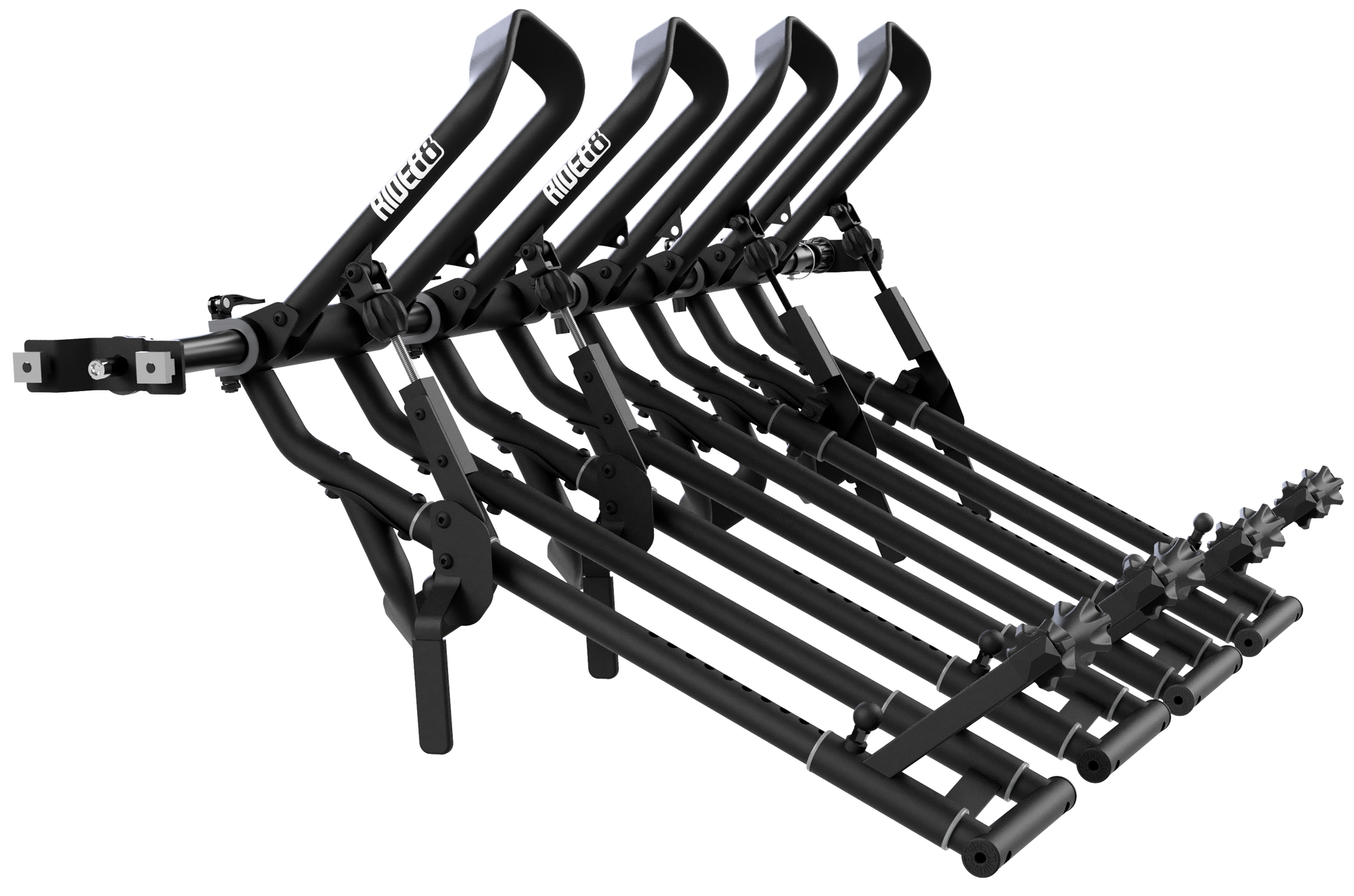 Four RIDE88 QR3 Truck bed bike racks mounted to a Telescopic Crossbar.