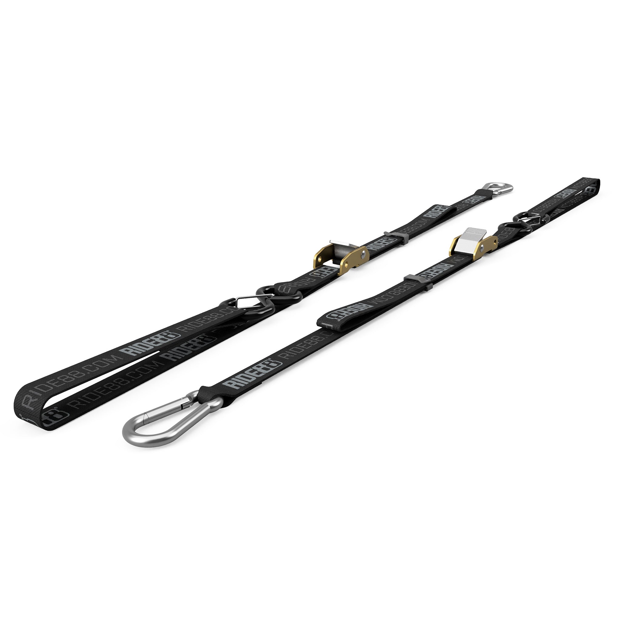 RIDE88 54-inch tie-down straps with carabiner hooks and ratchet buckles, featuring black webbing with RIDE88 logo for securing bikes and gear.
