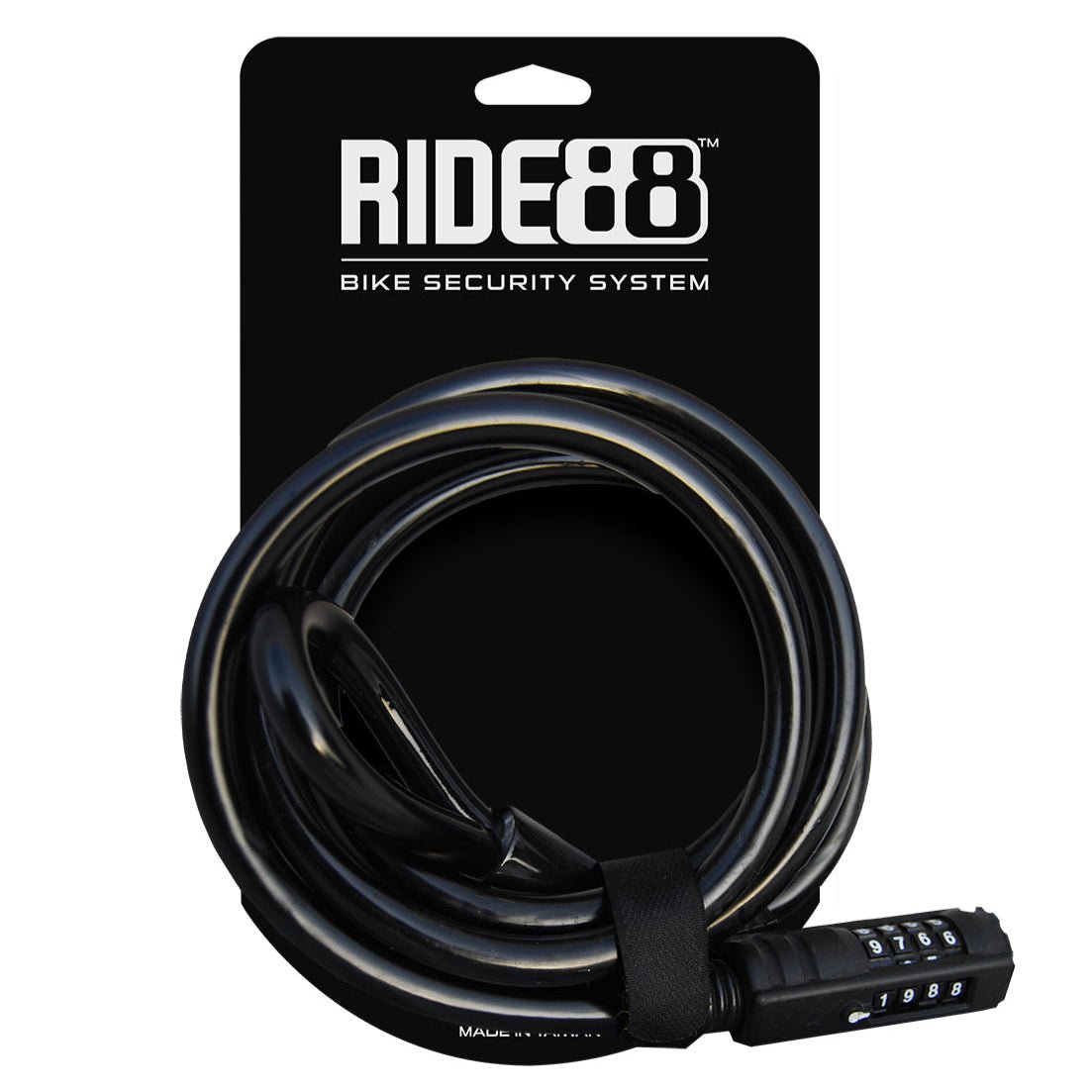 RIDE88 bike security bicycle cable lock with combination code, durable coiled design for securing bikes and gear, displayed on black RIDE88 packaging.