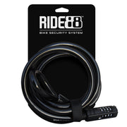 RIDE88 bike security bicycle cable lock with combination code, durable coiled design for securing bikes and gear, displayed on black RIDE88 packaging.