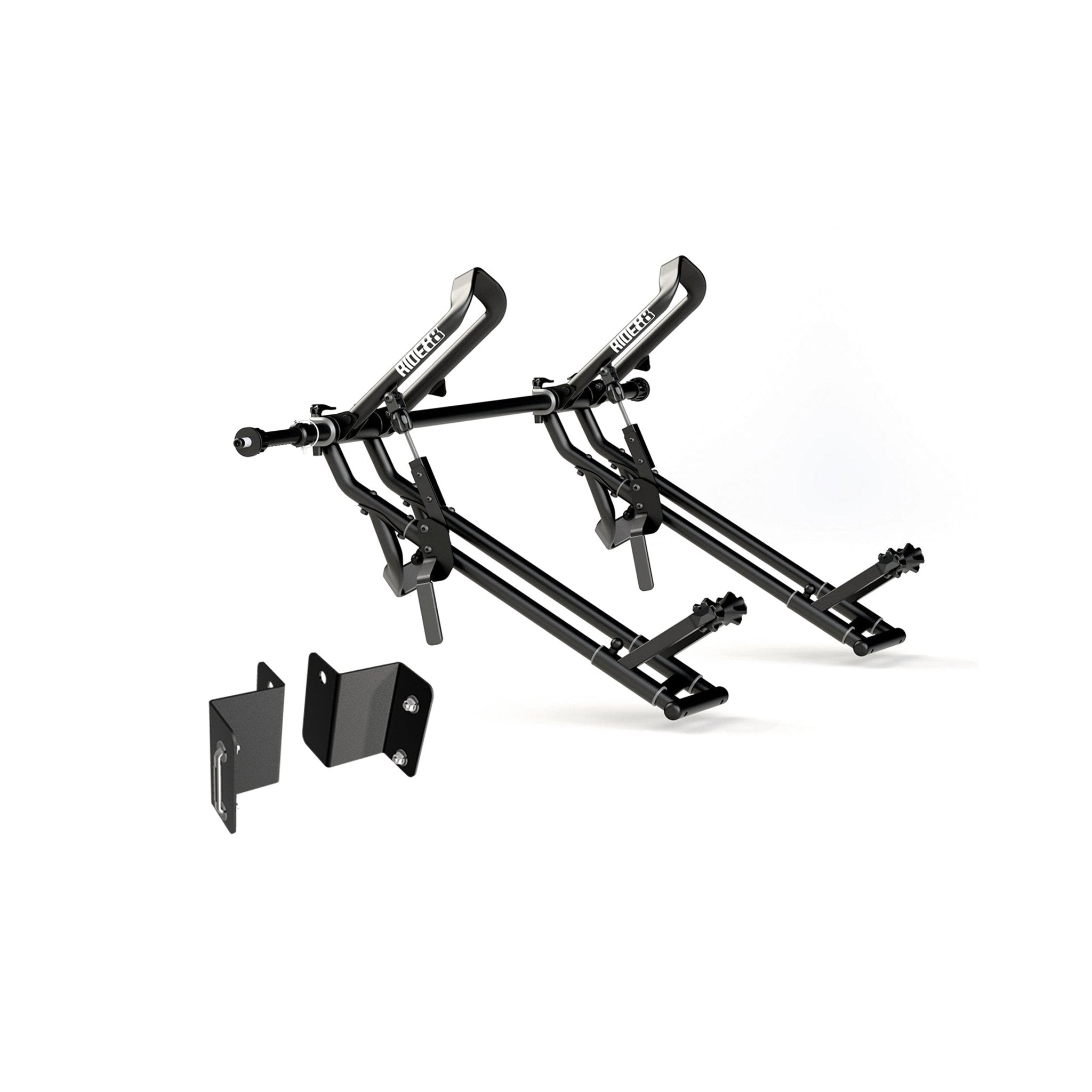 Two RIDE88 QR3 Bike Racks mounted to a RIDE88 Telescopic Crossbar and two Chevy/GMC EV Truck Adapters.