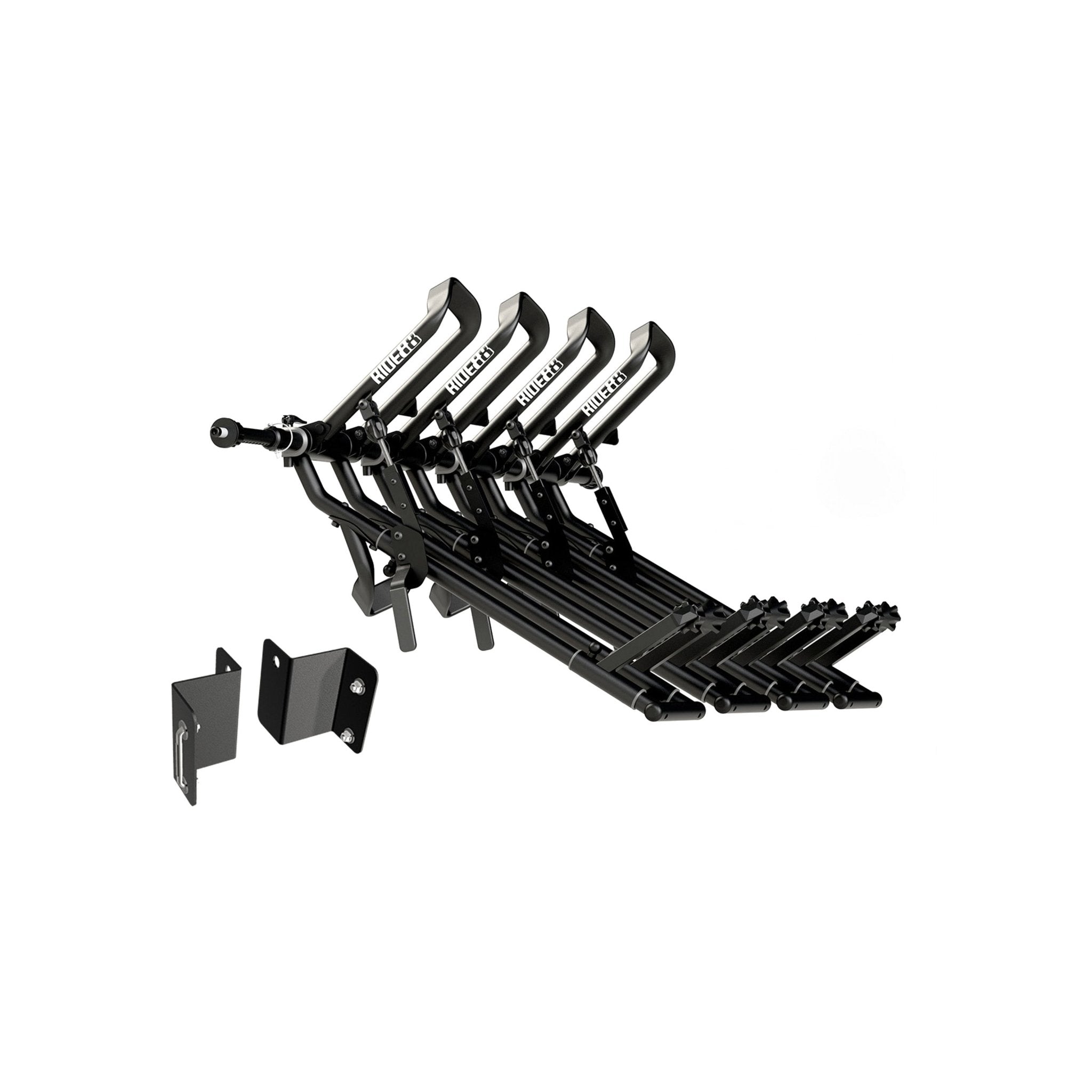 Four RIDE88 QR3 Bike Racks mounted to a RIDE88 Telescopic Crossbar and two Chevy/GMC EV Truck Adapters.