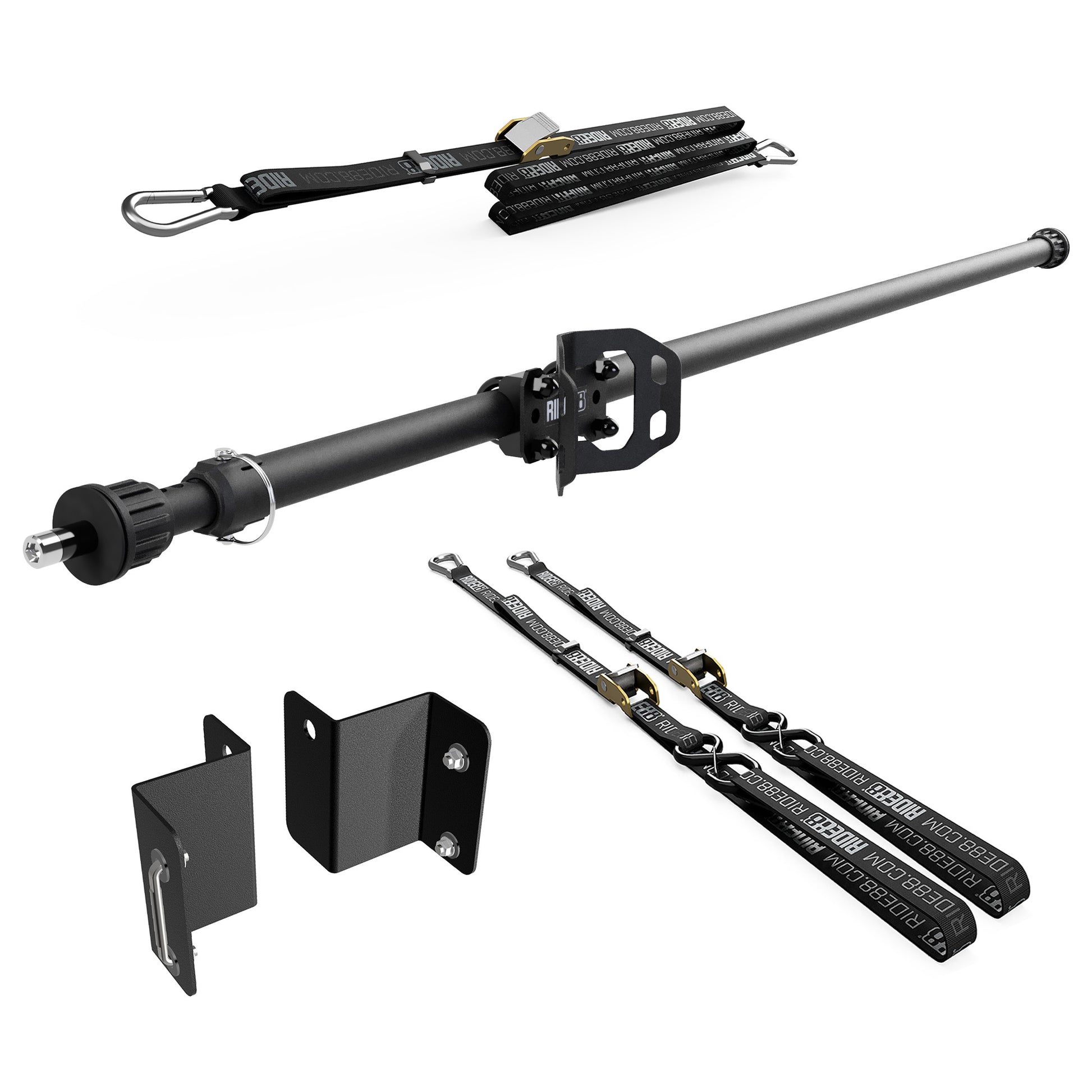 RIDE88 Cinch Rack for a Chevy/GMC EV Truck, consisting of a Telescopic Crossbar, one Wheel Chock, two 54" tie-down straps, one 14' rear wheel strap, and a set of Chevy/GMC EV Truck brackets.