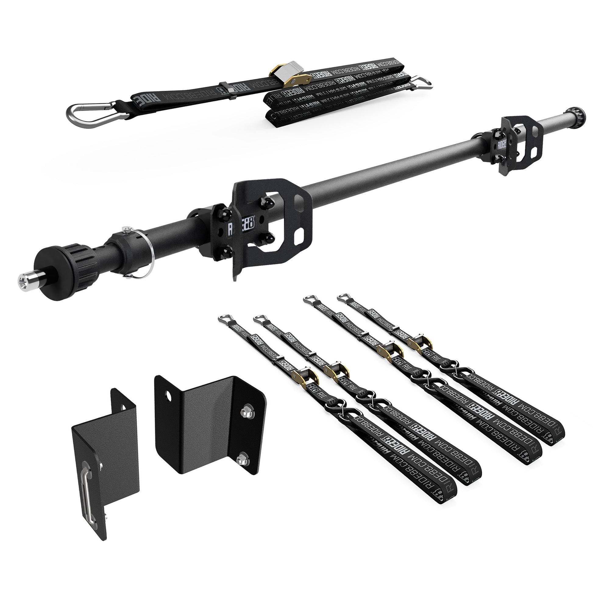 RIDE88 Cinch Rack for a Chevy/GMC EV truck, consisting of a Telescopic Crossbar, two Wheel Chocks, four 54" tie-down straps, one 14' rear wheel strap, and a set of Chevy/GMC EV Truck brackets.