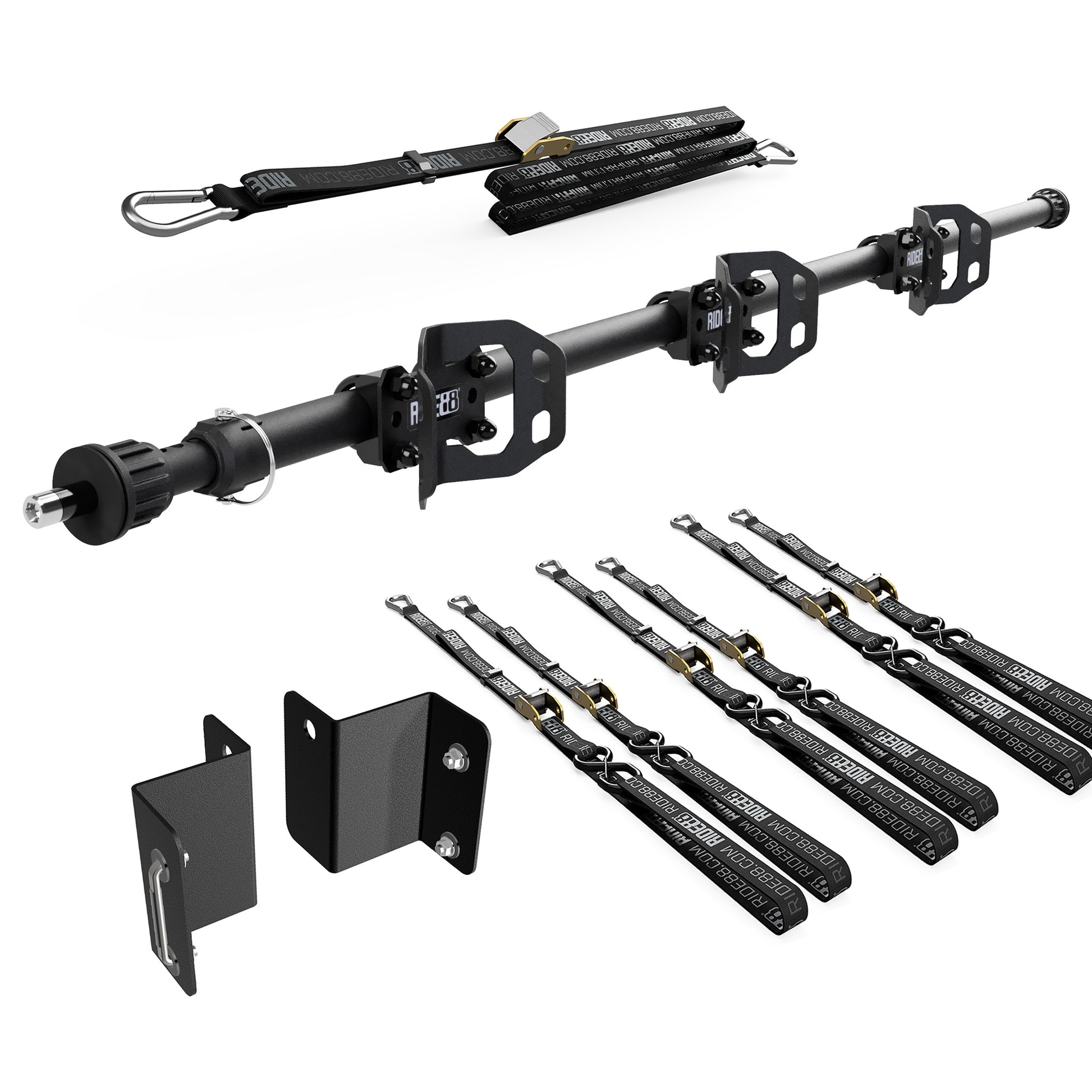 RIDE88 Cinch Rack for a Chevy/GMC EV Truck, consisting of a Telescopic Crossbar, three Wheel Chocks, six 54" tie-down straps, one 14' rear wheel strap, and a set of Chevy/GMC EV truck brackets.