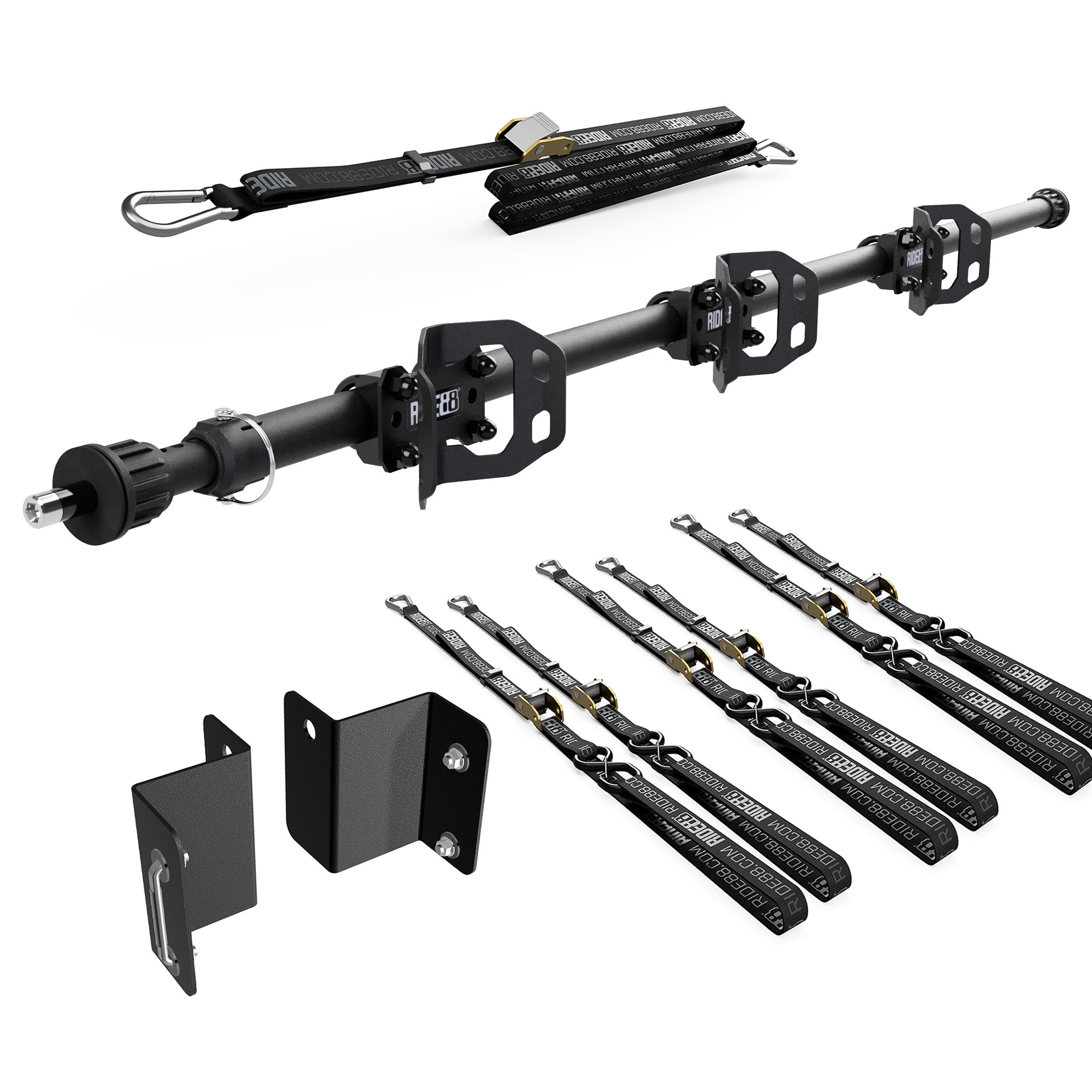 RIDE88 Cinch Rack for a Chevy/GMC EV Truck, consisting of a Telescopic Crossbar, three Wheel Chocks, six 54" tie-down straps, one 14' rear wheel strap, and a set of Chevy/GMC EV truck brackets.