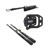 RIDE88 Cinch Rack Front-Track Kit, consisting of one Wheel Chock, two 54" tie-down straps, and one 14' Rear Wheel Strap.