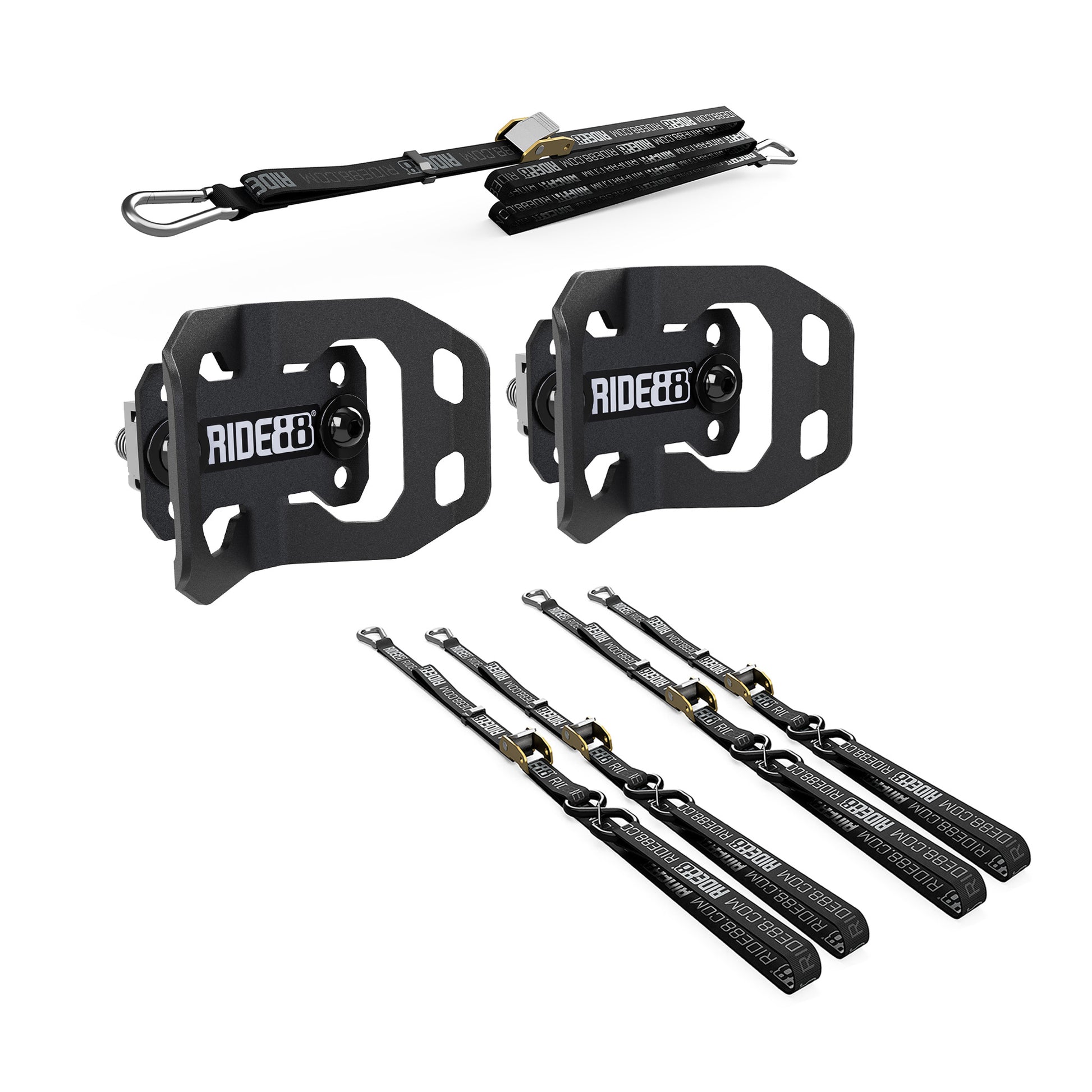 RIDE88 Cinch Rack Front-Track Kit, consisting of two Wheel Chocks, four 54" tie-down straps, and one 14' Rear Wheel Strap.