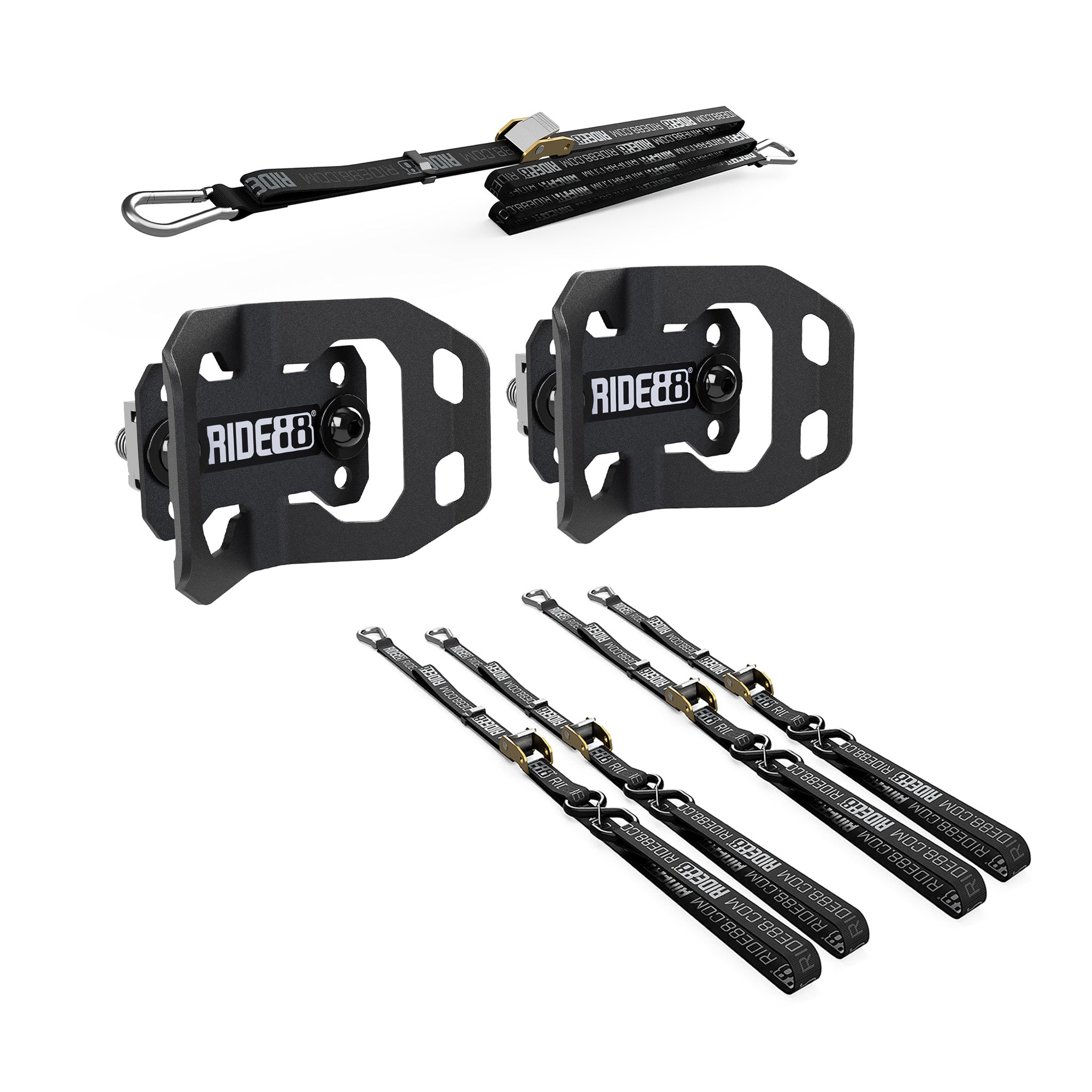 RIDE88 Cinch Rack Front-Track Kit, consisting of two Wheel Chocks, four 54" tie-down straps, and one 14' Rear Wheel Strap.