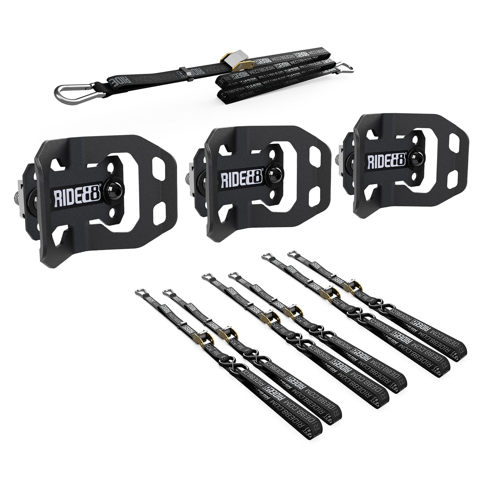 RIDE88 Cinch Rack Front-Track Kit, consisting of three Wheel Chocks, six 54" tie-down straps, and one 14' Rear Wheel Strap.
