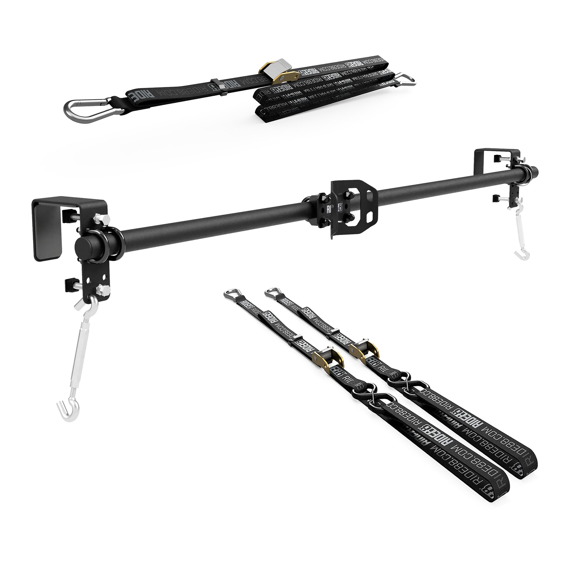 RIDE88 Cinch Hanger Kit with 1 Hanger Crossbar, 1 Wheel Chock, 2 Tie-Down Straps, and 1 Rear Wheel Strap.