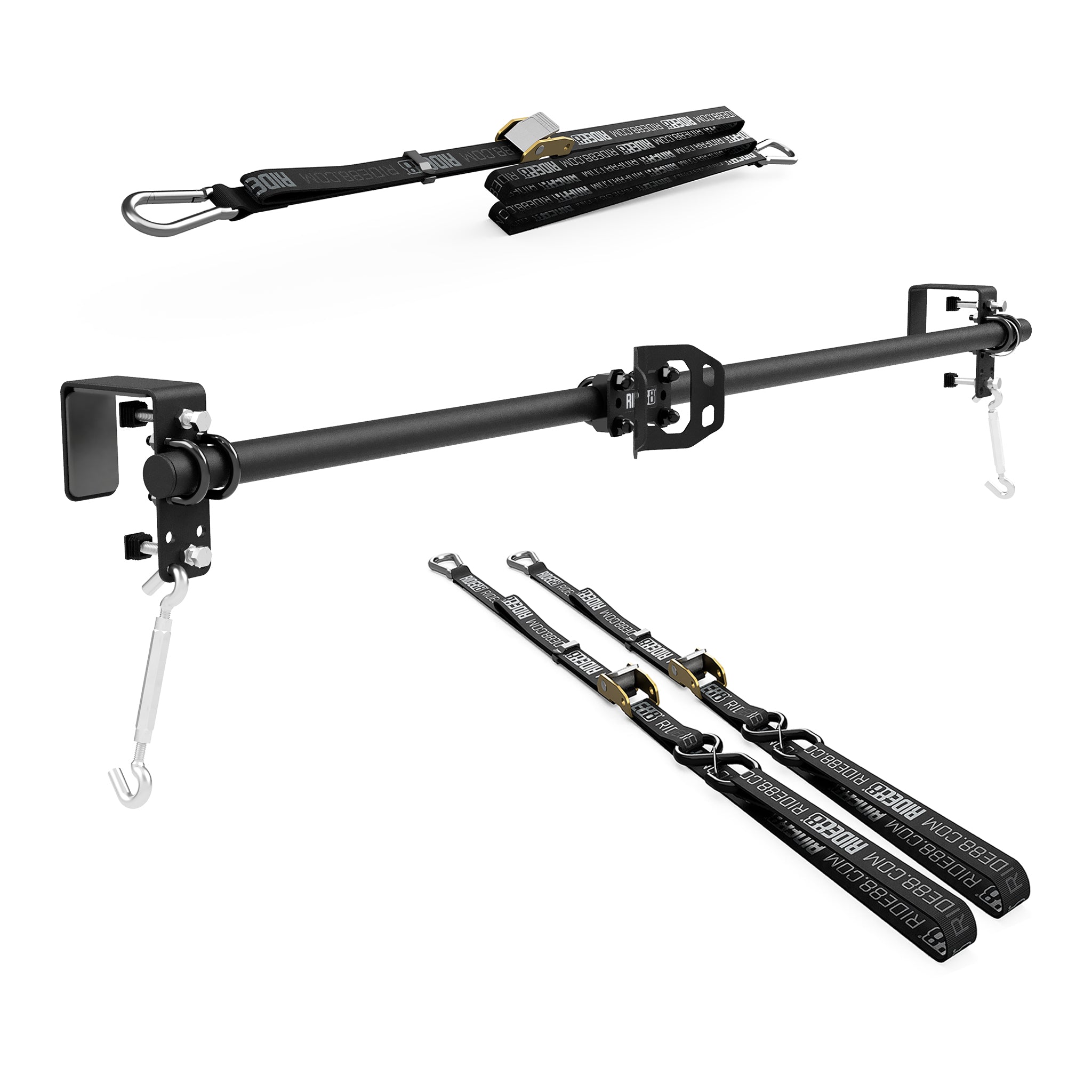 RIDE88 Cinch Hanger Kit with 1 Hanger Crossbar, 1 Wheel Chock, 2 Tie-Down Straps, and 1 Rear Wheel Strap.