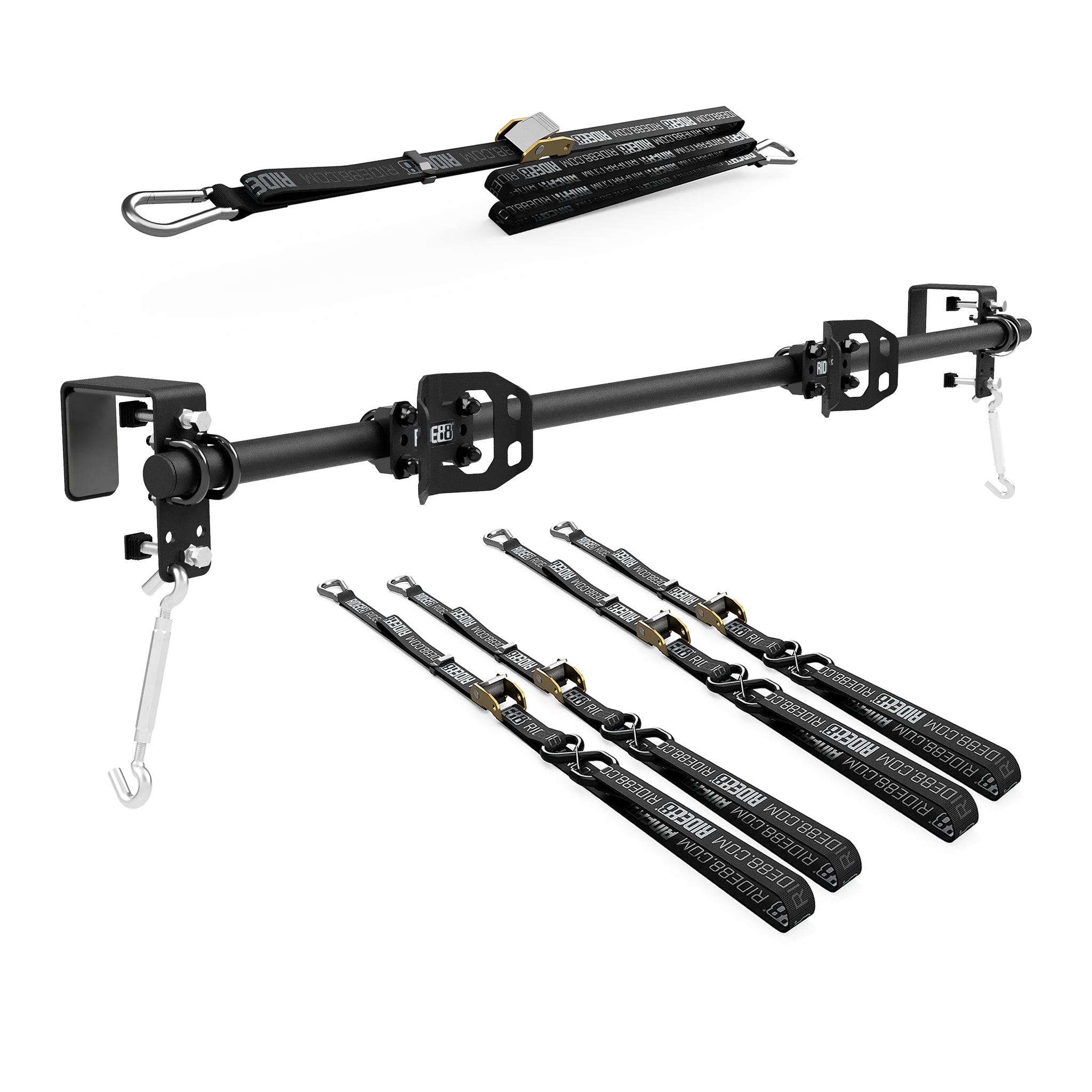 RIDE88 Cinch Hanger Kit with 1 Hanger Crossbar, 2 Wheel Chocks, 4 Tie-Down Straps, and 1 Rear Wheel Strap.