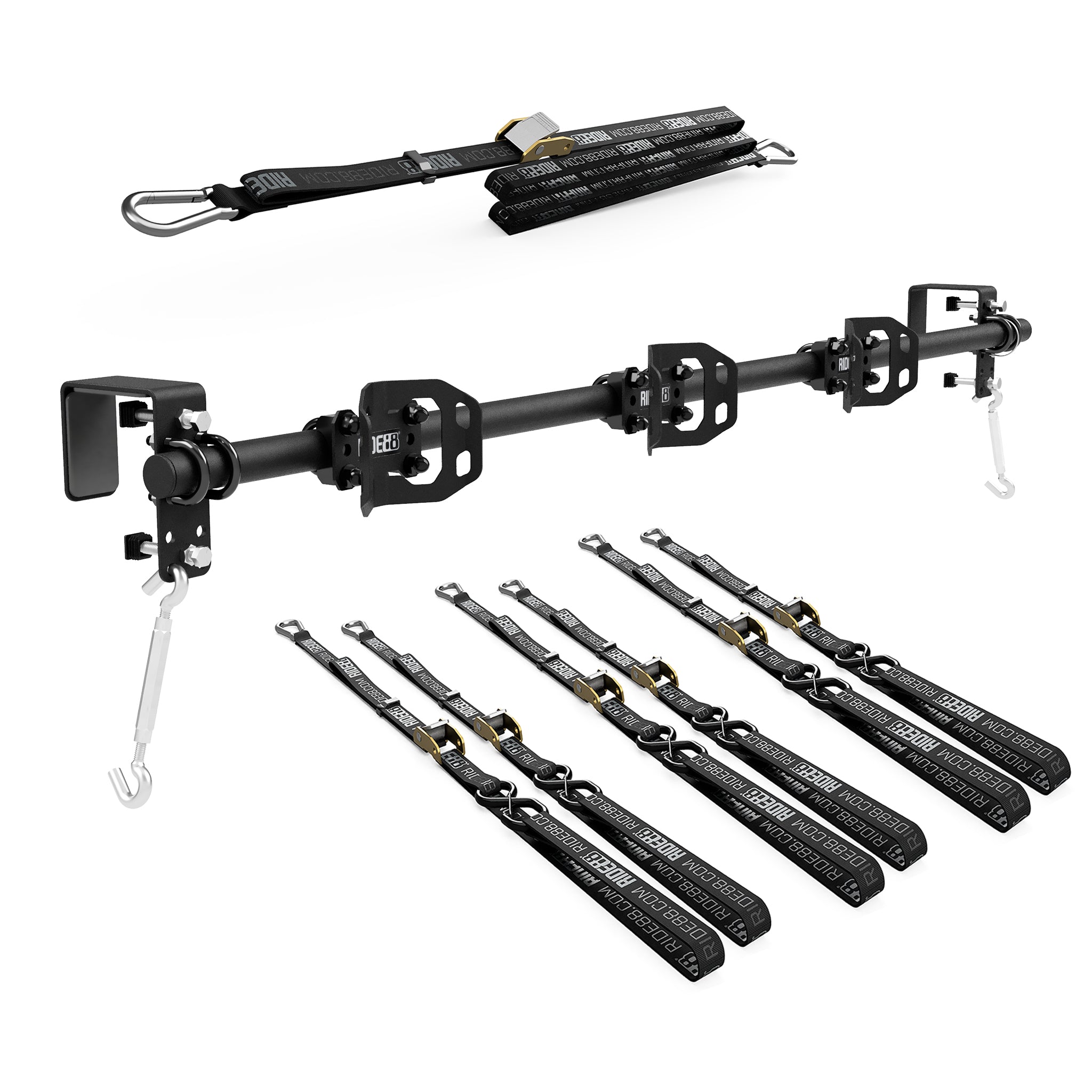 RIDE88 Cinch Hanger Kit with 1 Hanger Crossbar, 3 Wheel Chocks, 6 Tie-Down Straps, and 1 Rear Wheel Strap.