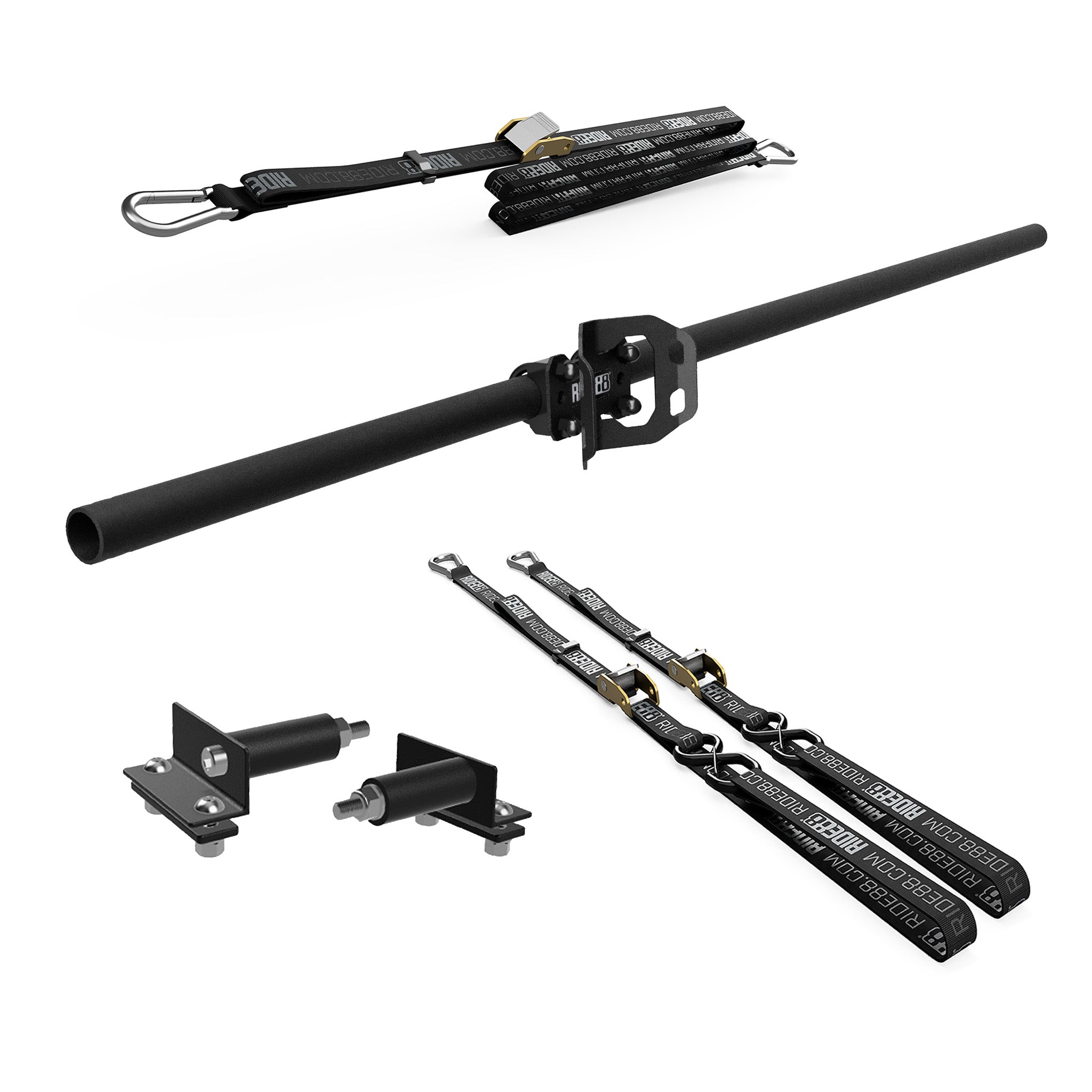 RIDE88 Cinch Rack for a Honda Ridgeline, consisting of a Crossbar, One Wheel Chock, two 54" tie-down straps, one 14' rear wheel strap, and a set of Honda Ridgeline brackets.