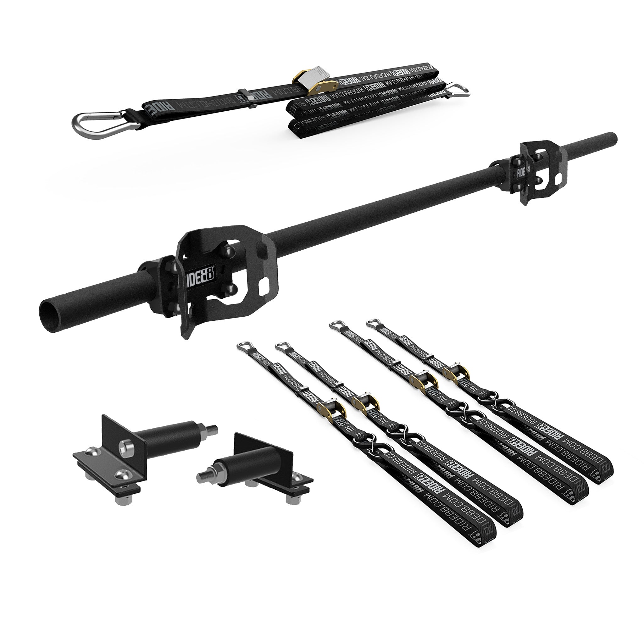 RIDE88 Cinch Rack for a Honda Ridgeline, consisting of a Crossbar, Two Wheel Chocks, four 54" tie-down straps, one 14' rear wheel strap, and a set of Honda Ridgeline brackets.