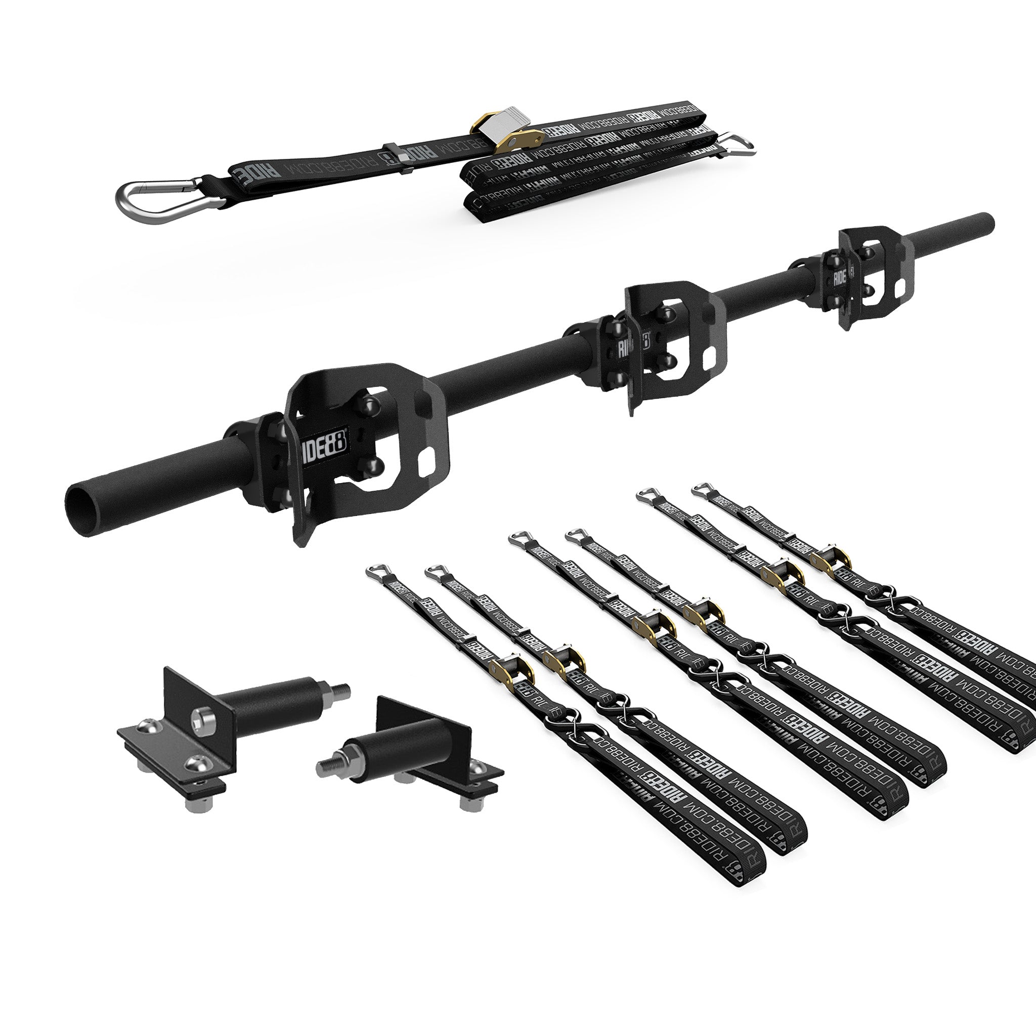 RIDE88 Cinch Rack for a Honda Ridgeline, consisting of a Crossbar, three Wheel Chocks, six 54" tie-down straps, one 14' rear wheel strap, and a set of Honda Ridgeline brackets.