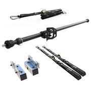 RIDE88 Cinch Rack for a Hyundai Santa Cruz, consisting of a Telescopic Crossbar, one Wheel Chock, two 54" tie-down straps, one 14' rear wheel strap, and a set of Hyundai Santa Cruz brackets.