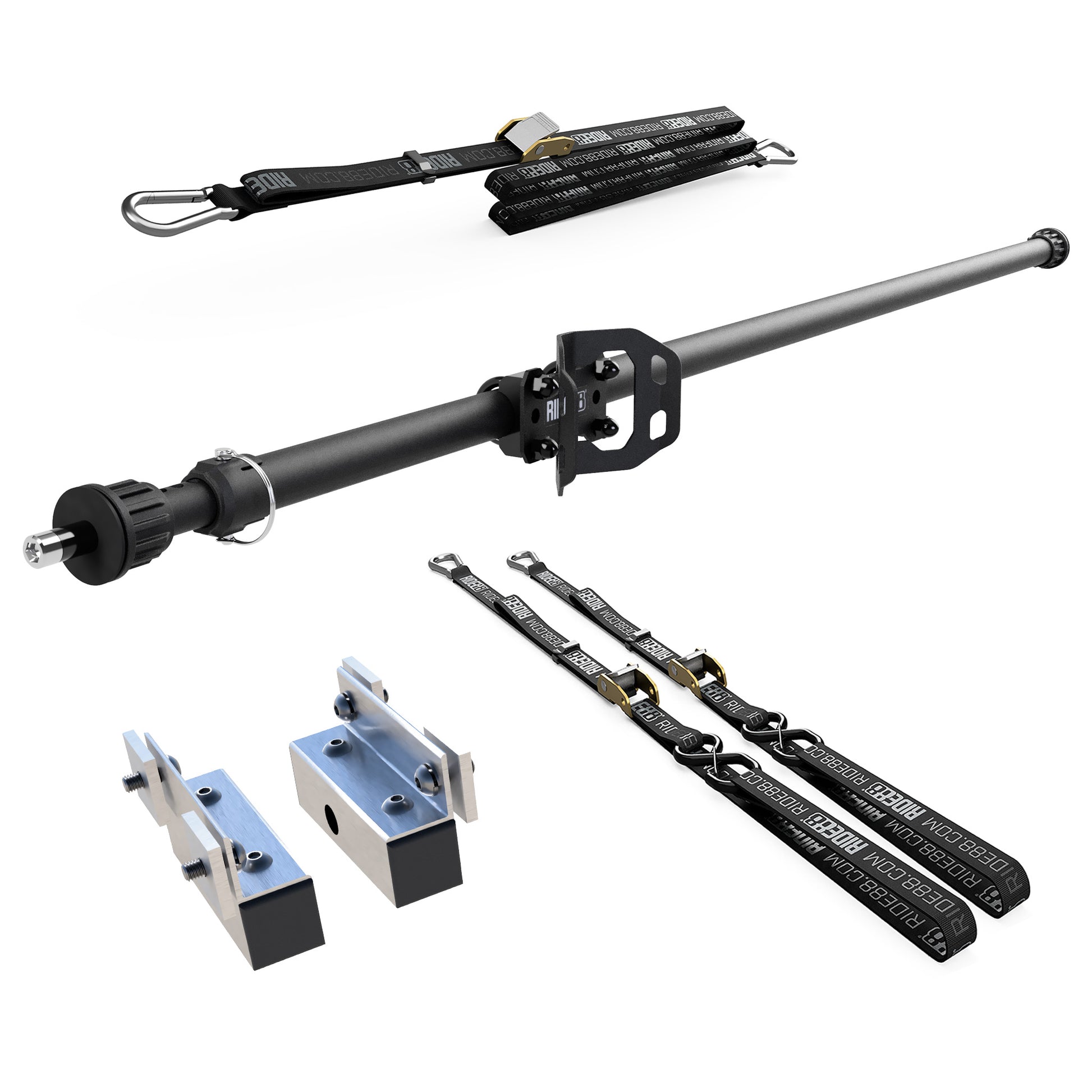 RIDE88 Cinch Rack for a Hyundai Santa Cruz, consisting of a Telescopic Crossbar, one Wheel Chock, two 54" tie-down straps, one 14' rear wheel strap, and a set of Hyundai Santa Cruz brackets.