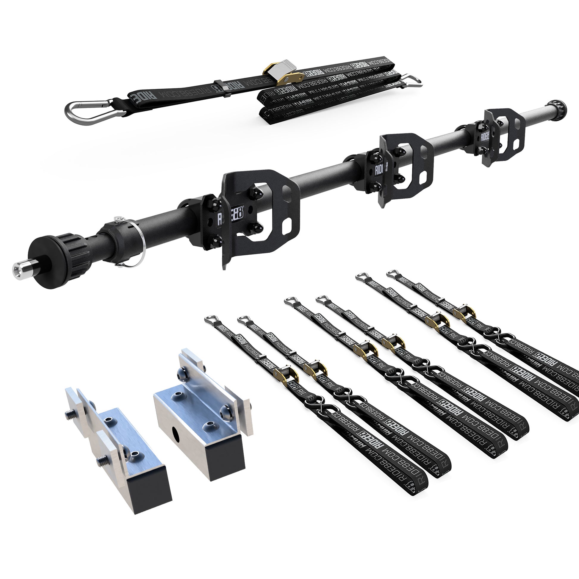 RIDE88 Cinch Rack for a Hyundai Santa Cruz, consisting of a Telescopic Crossbar, three Wheel Chocks, six 54" tie-down straps, one 14' rear wheel strap, and a set of Hyundai Santa Cruz brackets.