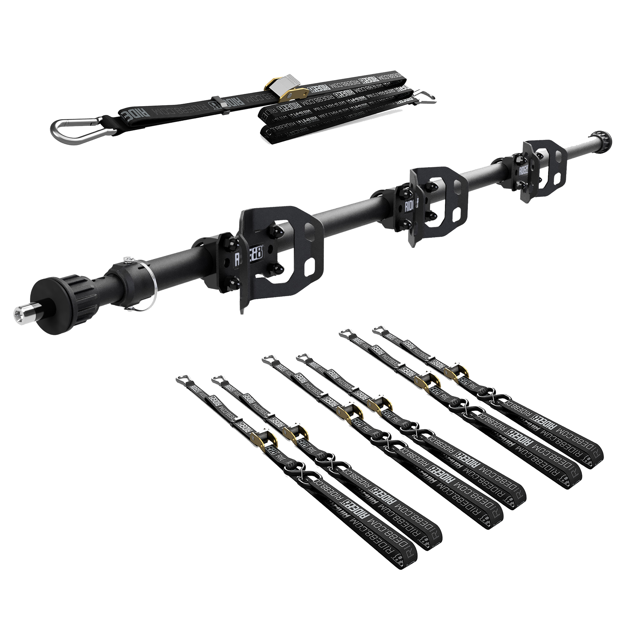 RIDE88 Cinch Rack Telescopic Crossbar Kit, consisting of a Telescopic Crossbar, three Wheel Chocks, six 54" tie-down straps, and one 14' rear wheel strap.