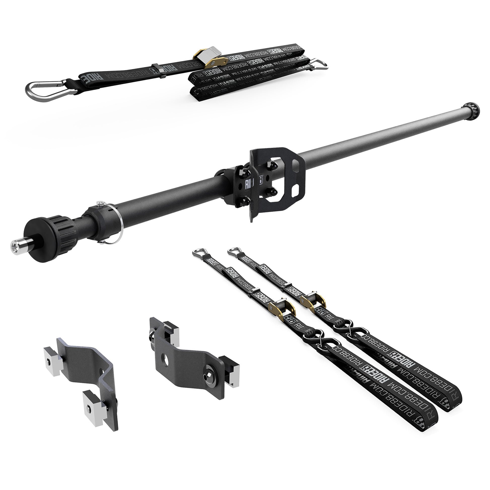 RIDE88 Cinch Rack Side-Track Kit, consisting of a Crossbar, One Wheel Chock, two 54" tie-down straps, one 14' rear wheel strap, and a set of Side-Track Adapters.
