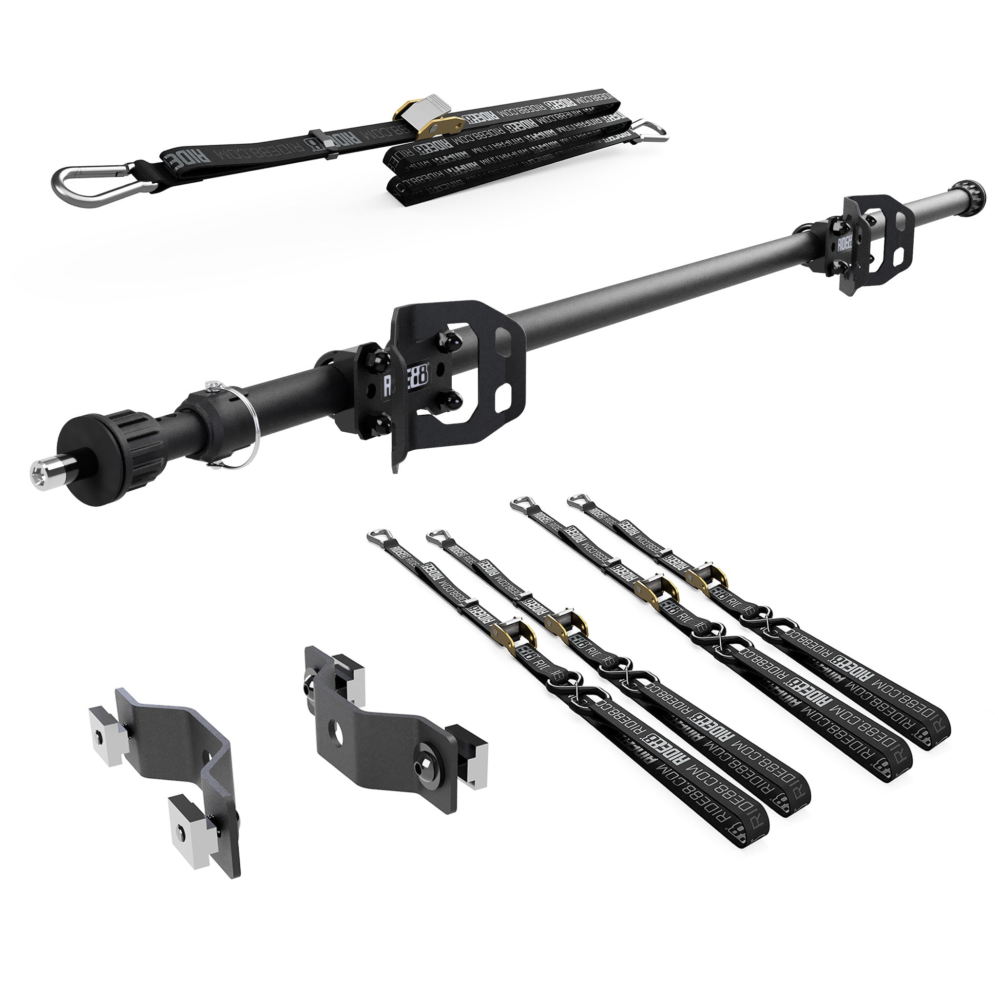 RIDE88 Cinch Rack Side-Track Kit, consisting of a Crossbar, Two Wheel Chocks, four 54" tie-down straps, one 14' rear wheel strap, and a set of Side-Track Adapters.