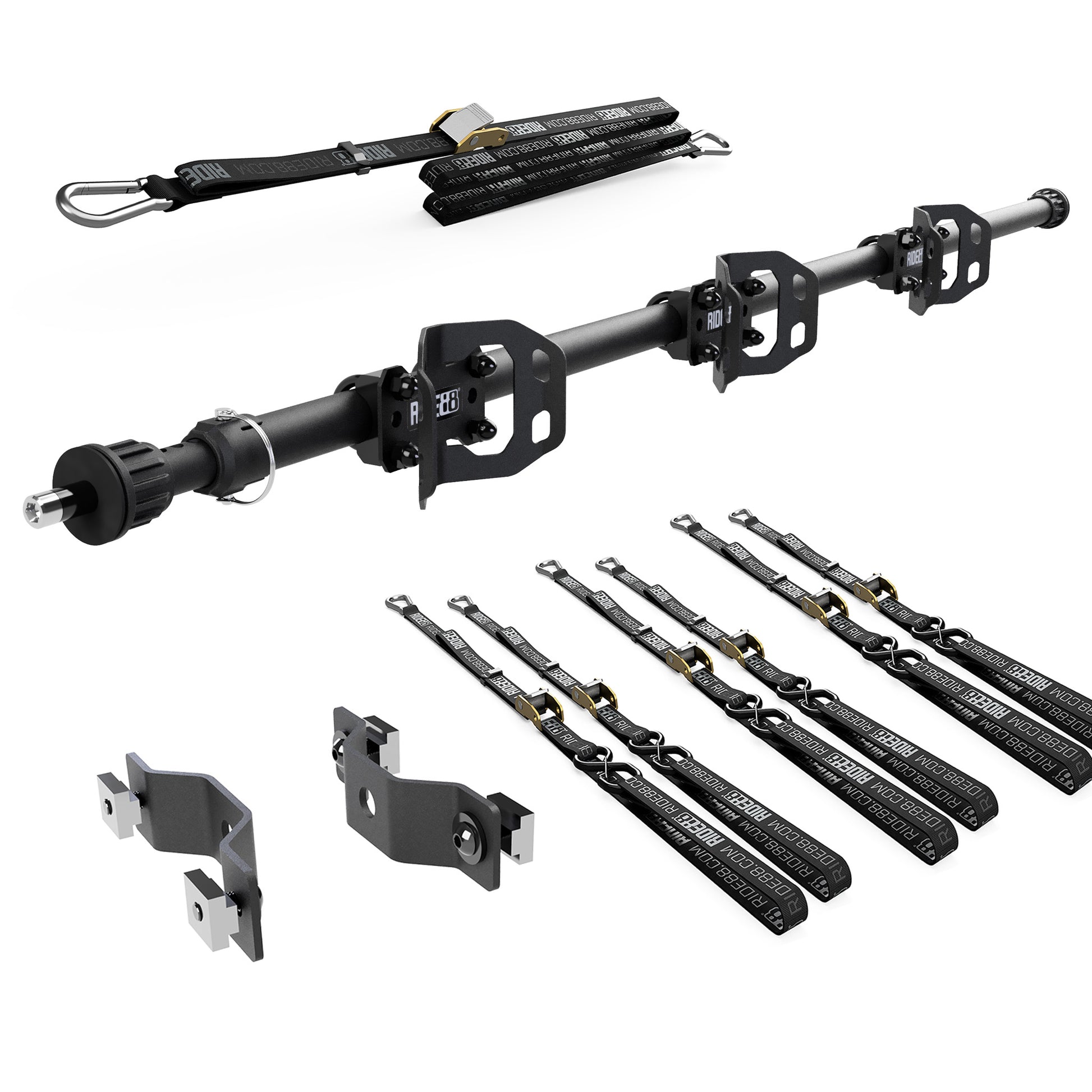 RIDE88 Cinch Rack Side-Track Kit, consisting of a Crossbar, three Wheel Chocks, six 54" tie-down straps, one 14' rear wheel strap, and a set of Side-Track Adapters.