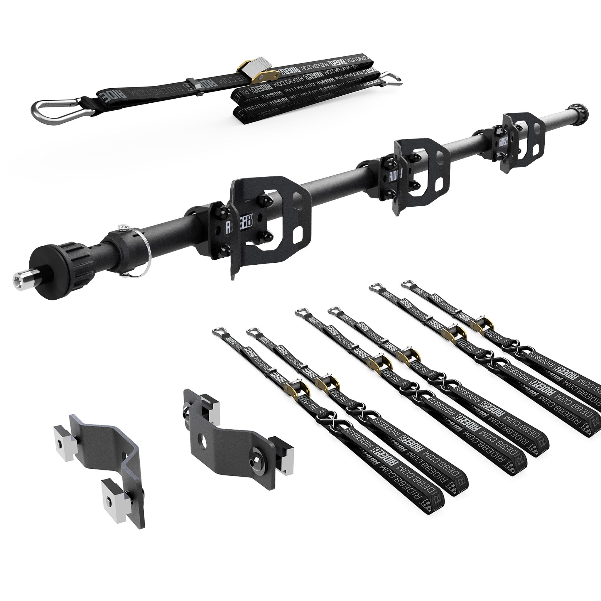 RIDE88 Cinch Rack Side-Track Kit, consisting of a Crossbar, three Wheel Chocks, six 54" tie-down straps, one 14' rear wheel strap, and a set of Side-Track Adapters.