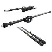 RIDE88 Cinch Rack Telescopic Crossbar Kit, consisting of a Telescopic Crossbar, one Wheel Chock, two 54" tie-down straps, and one 14' rear wheel strap.