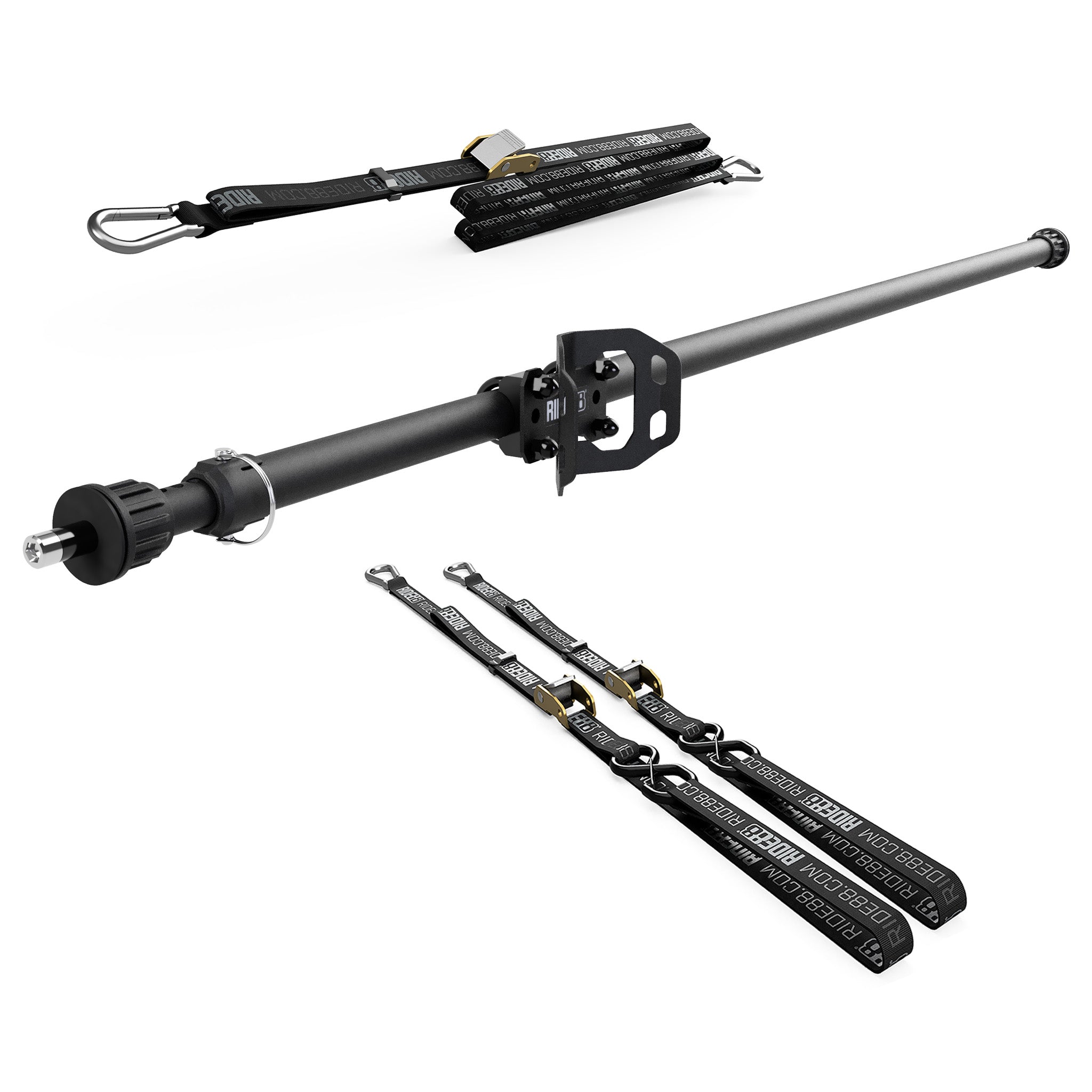 RIDE88 Cinch Rack Telescopic Crossbar Kit, consisting of a Telescopic Crossbar, one Wheel Chock, two 54" tie-down straps, and one 14' rear wheel strap.