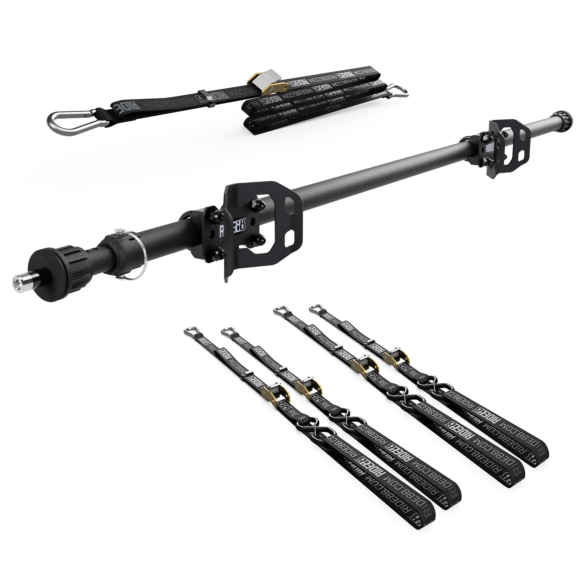 RIDE88 Cinch Rack Telescopic Crossbar Kit, consisting of a Telescopic Crossbar, two Wheel Chocks, four 54" tie-down straps, and one 14' rear wheel strap.