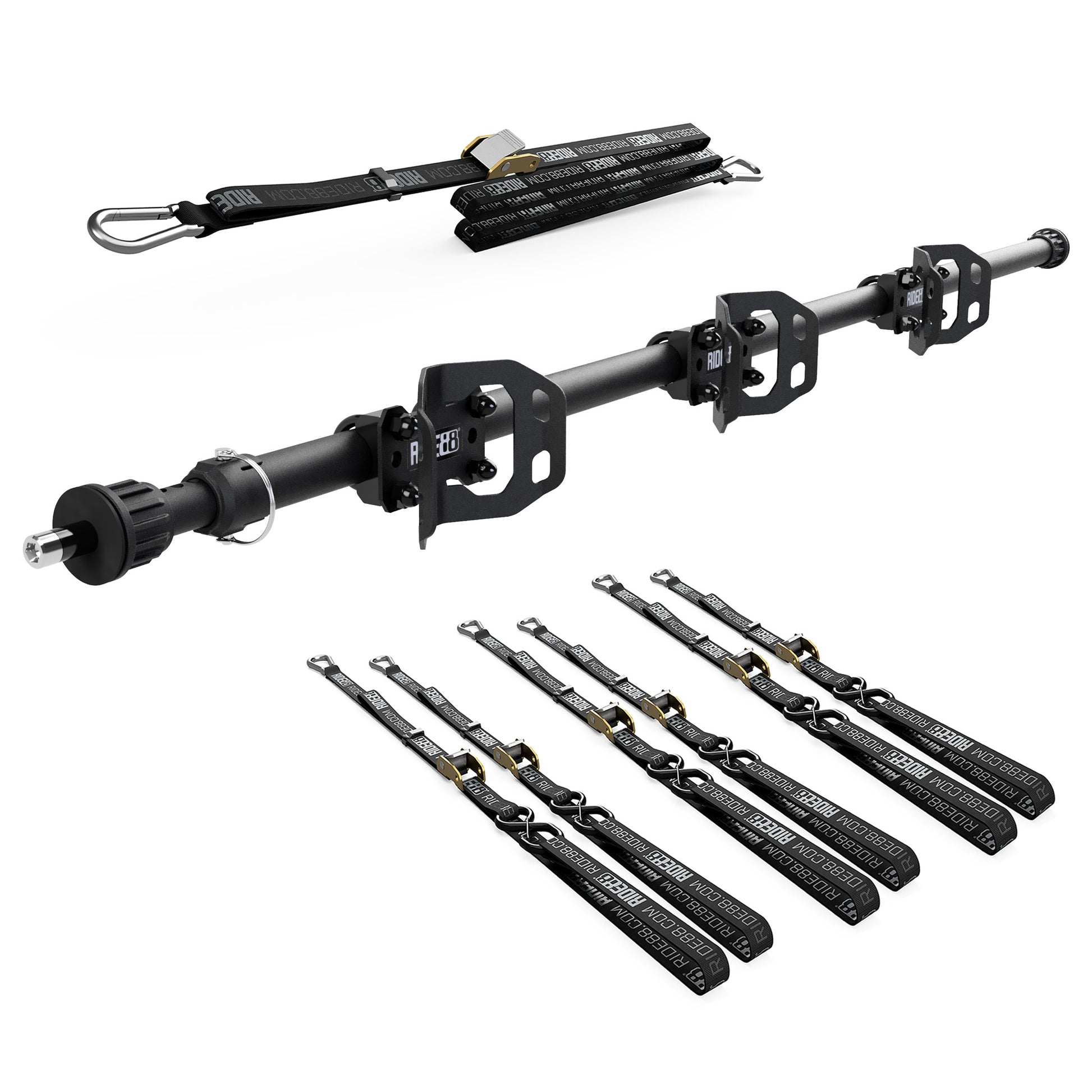 RIDE88 Cinch Rack Telescopic Crossbar Kit, consisting of a Telescopic Crossbar, three Wheel Chocks, six 54" tie-down straps, and one 14' rear wheel strap.