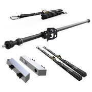 RIDE88 Cinch Rack for a Tesla Cybertruck, consisting of a Telescopic Crossbar, one Wheel Chock, two 54" tie-down straps, one 14' rear wheel strap, and a set of Tesla Cybertruck brackets.