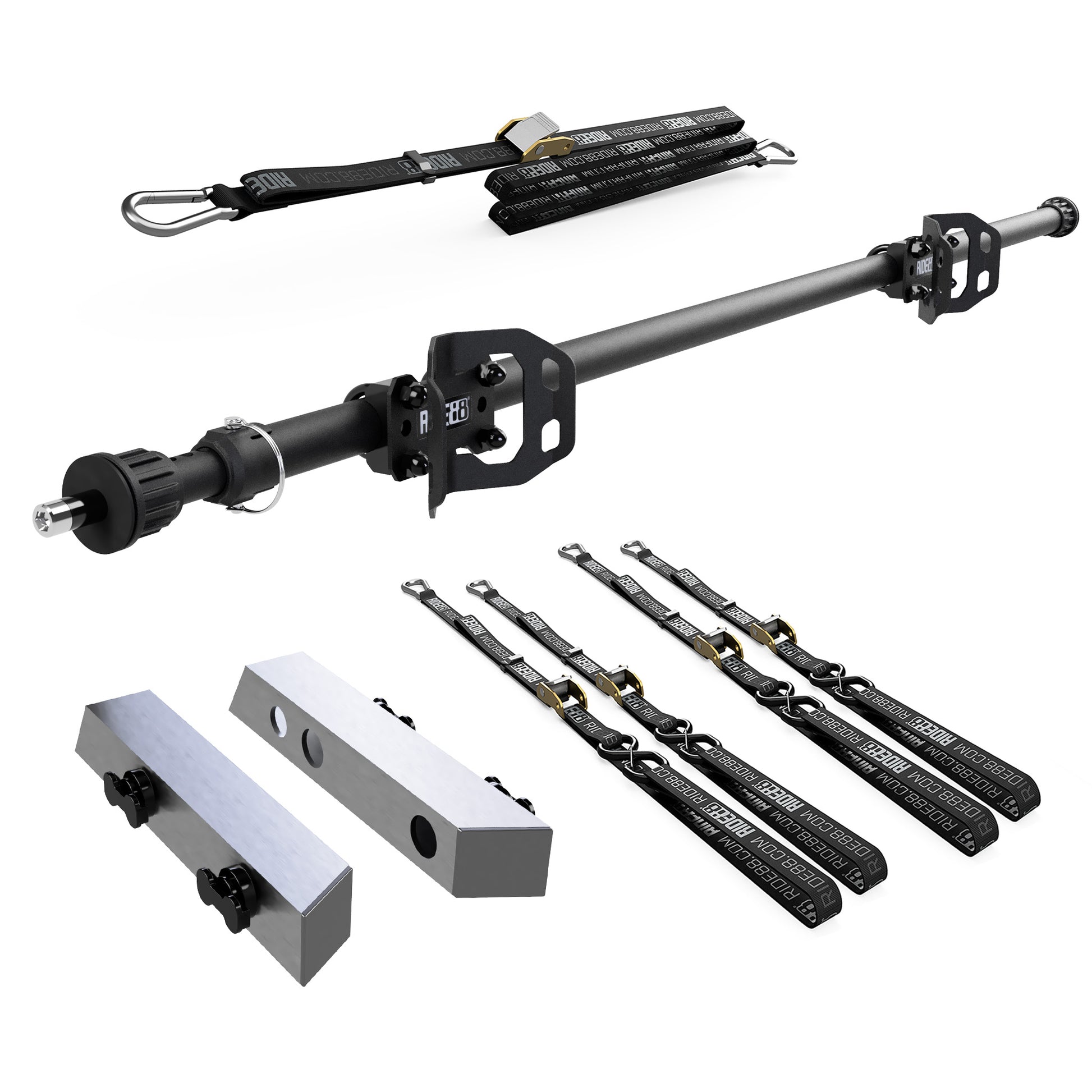 RIDE88 Cinch Rack for a Tesla Cybertruck, consisting of a Telescopic Crossbar, two Wheel Chocks, four 54" tie-down straps, one 14' rear wheel strap, and a set of Tesla Cybertruck brackets.