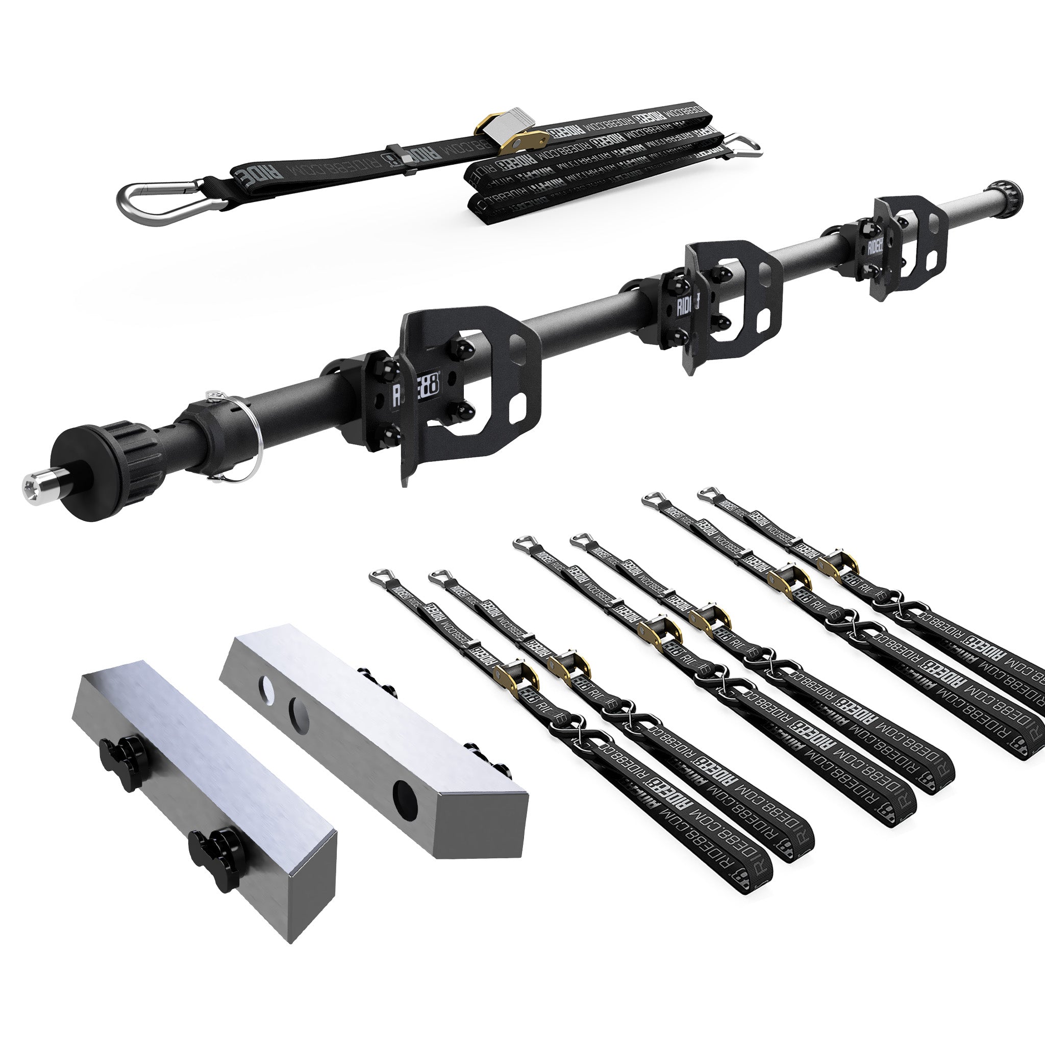 RIDE88 Cinch Rack for a Tesla Cybertruck, consisting of a Telescopic Crossbar, three Wheel Chocks, six 54" tie-down straps, one 14' rear wheel strap, and a set of Tesla Cybertruck brackets.
