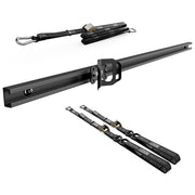 RIDE88 Cinch Rack U-Track Kit, consisting of a RIDE88 Utility Track, one Wheel Chock, two 54" tie-down straps, and one 14' rear wheel strap.