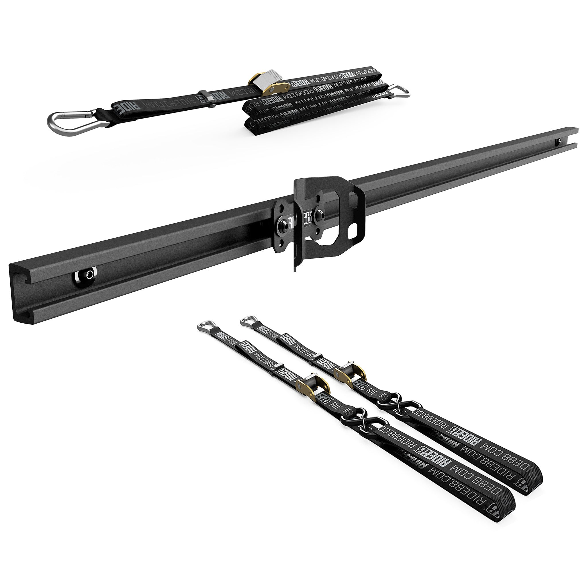 RIDE88 Cinch Rack U-Track Kit, consisting of a RIDE88 Utility Track, one Wheel Chock, two 54" tie-down straps, and one 14' rear wheel strap.