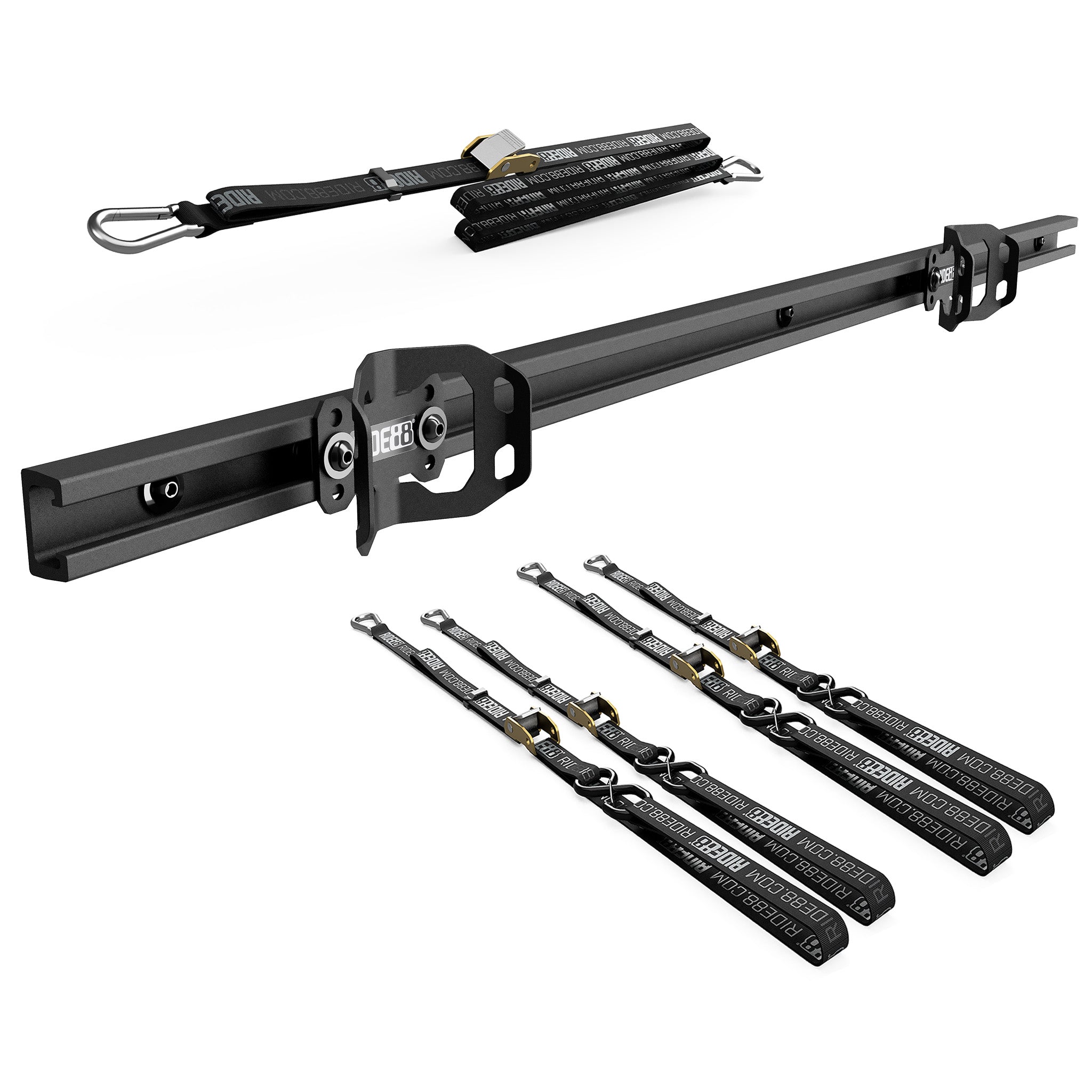 RIDE88 Cinch Rack U-Track Kit, consisting of a RIDE88 Utility Track, two Wheel Chocks, four 54" tie-down straps, and one 14' rear wheel strap.