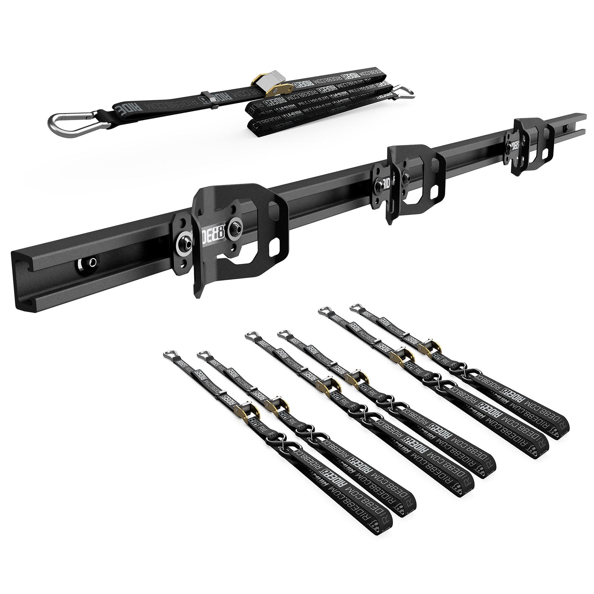 RIDE88 Cinch Rack U-Track Kit, consisting of a RIDE88 Utility Track, three Wheel Chocks, six 54" tie-down straps, and one 14' rear wheel strap.