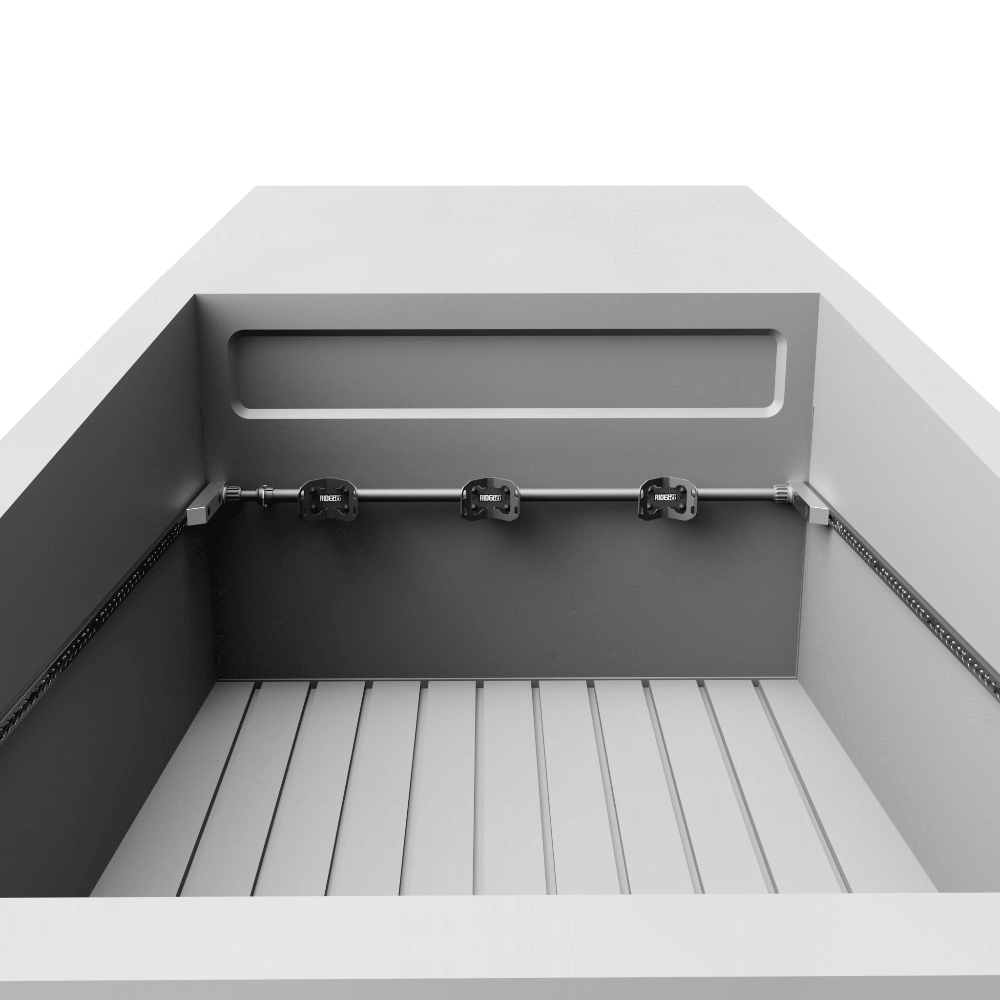 Three RIDE88 Wheel Chocks mounted to a telescopic crossbar on the side-tracks of a Tesla Cybertruck.
