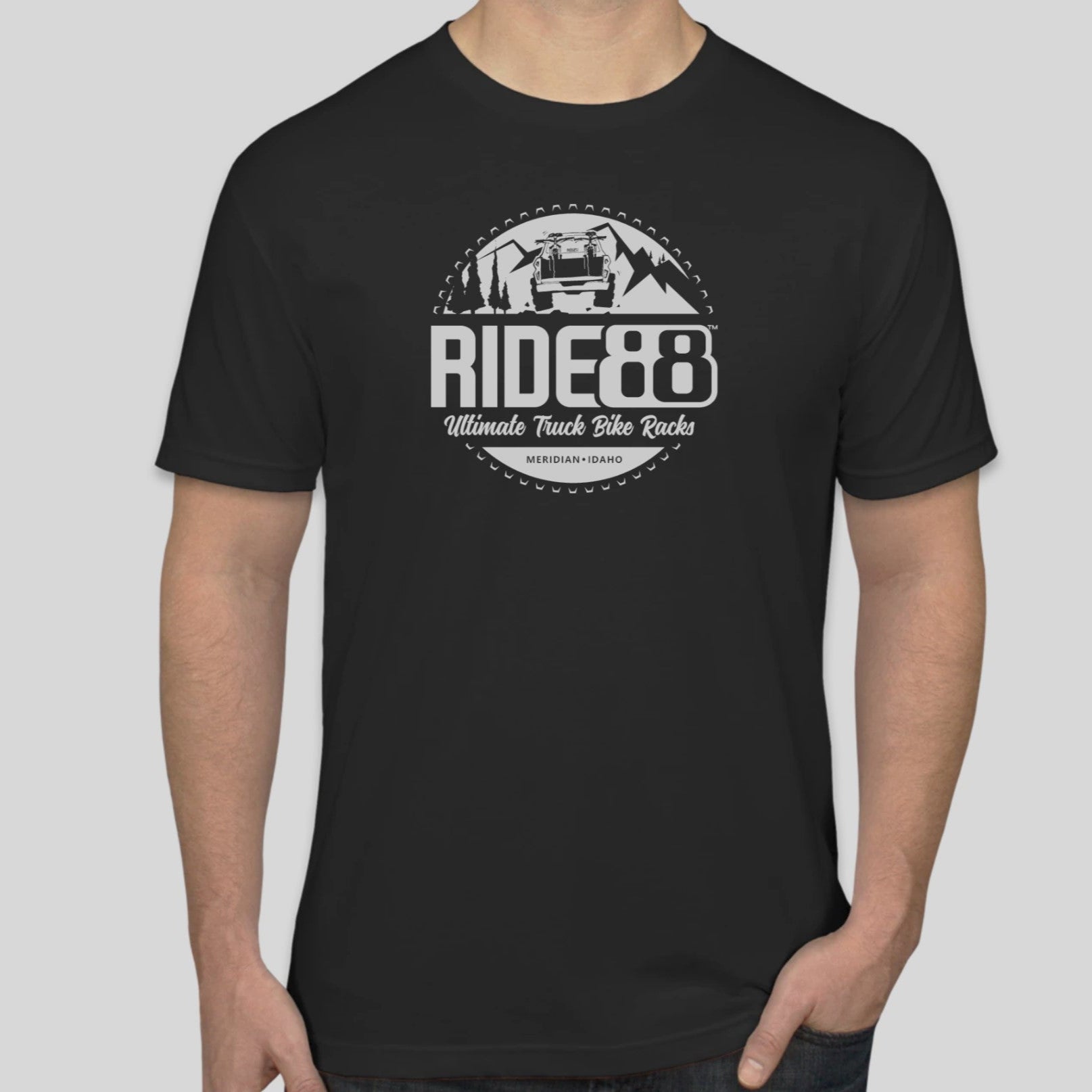 Black RIDE88 t-shirt featuring white graphic logo with a truck, mountains, and trees, reading “RIDE88 Ultimate Truck Bike Racks – Meridian, Idaho.