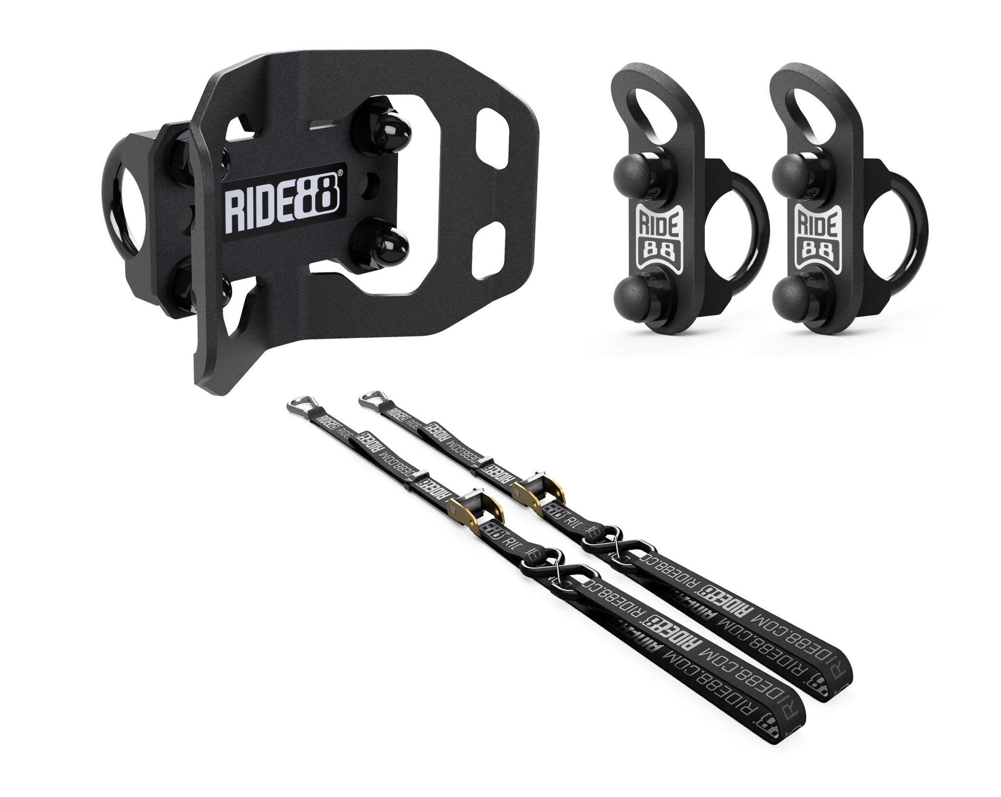 RIDE88 Crossbar Plus One Kit, consisting of one Wheel Chock, two Tie-Down Anchors, and two 54" bicycle tie-down straps, used to mount bikes in a truck bed.