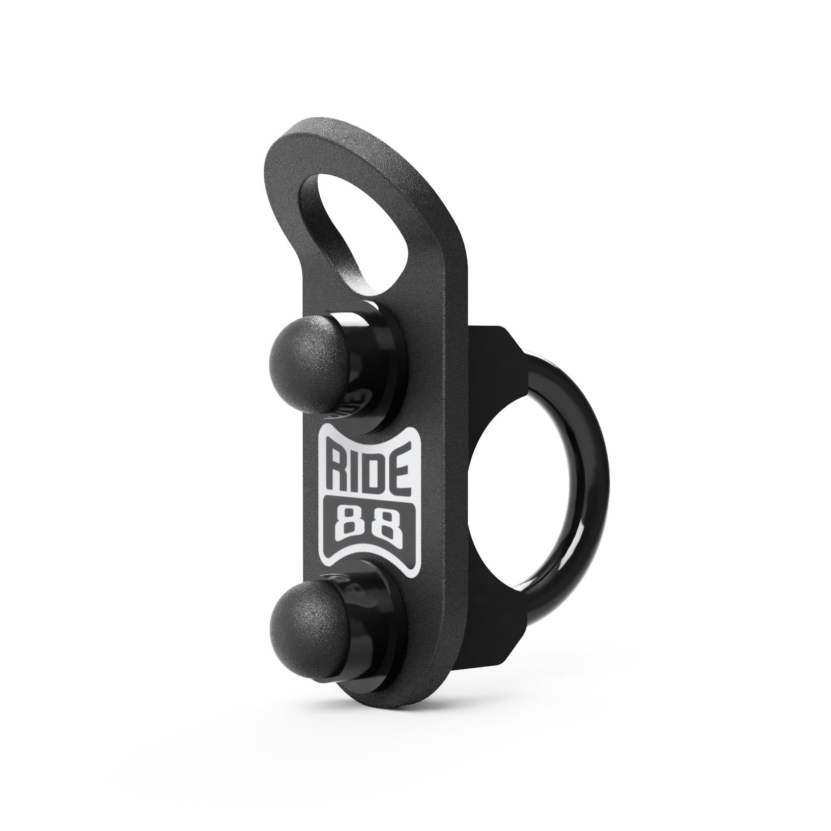 RIDE88 tie-down anchor for crossbar, black steel anchor mount with u-bolt for attaching to a tie-down.